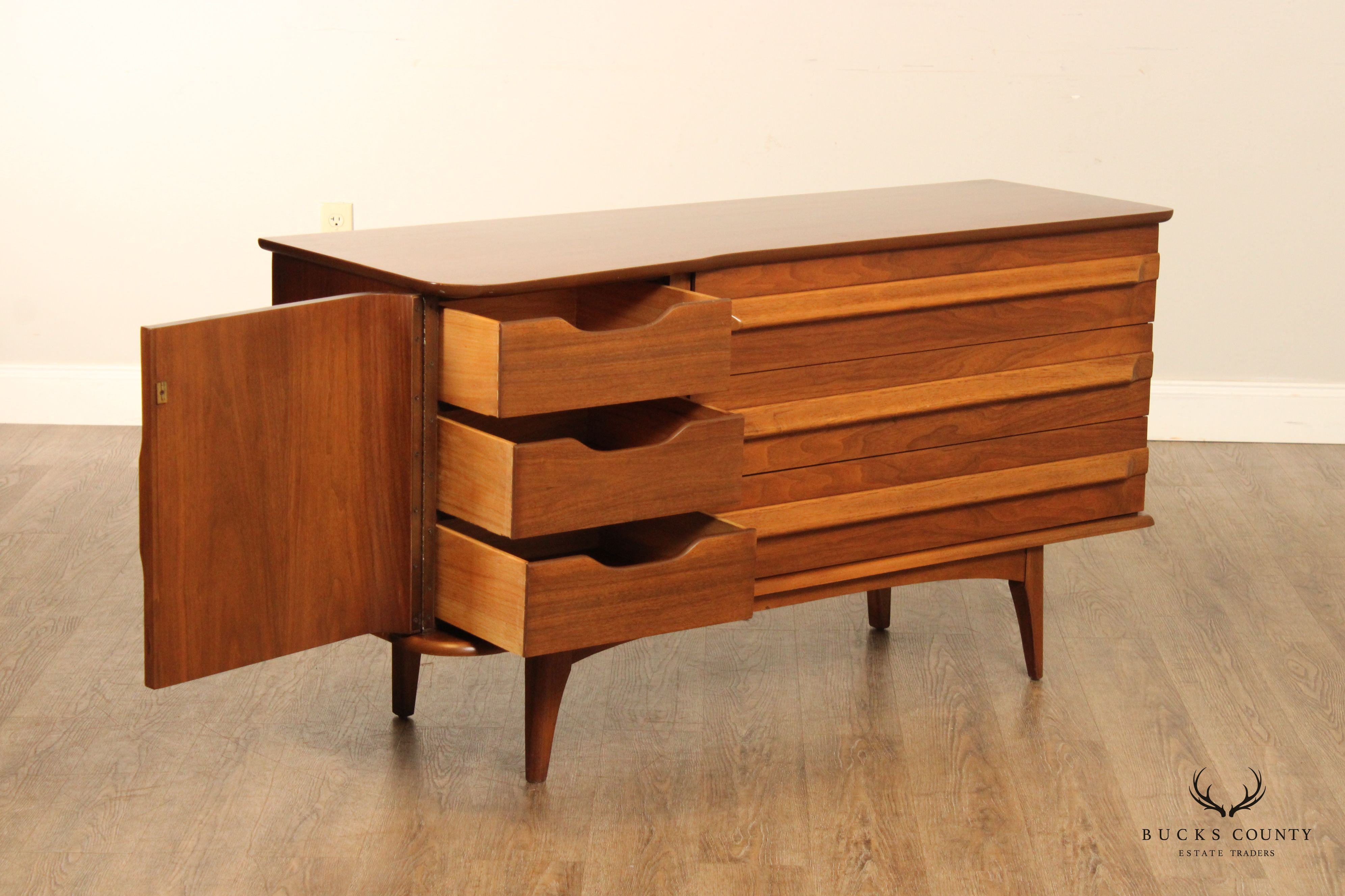 United Furniture Mid Century Modern Sculpted Walnut Dresser