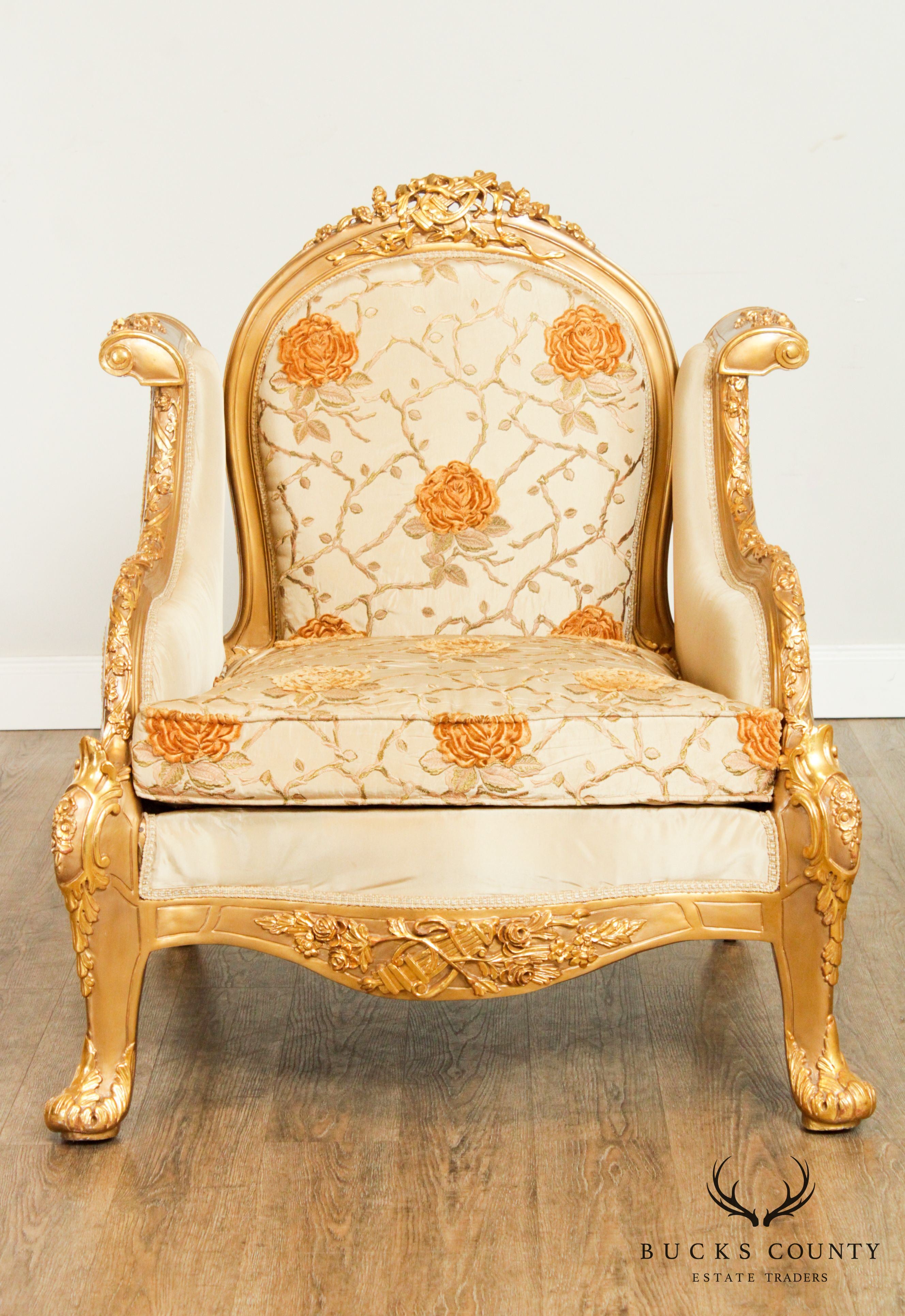 Quality Pair Giltwood Baroque Style Armchairs, Bergeres