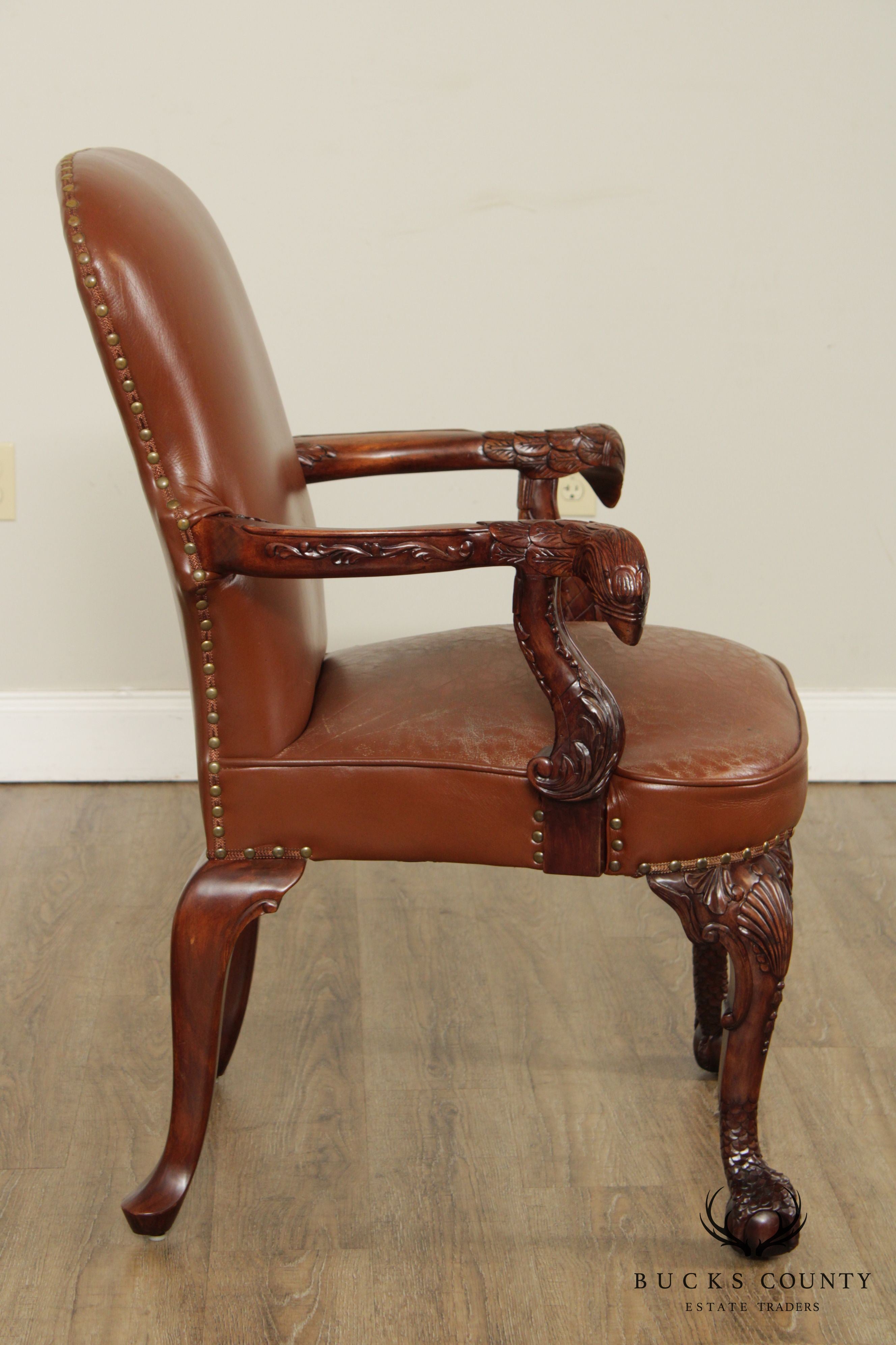 Georgian Chippendale Style Mahogany Eagle Carved Leather Armchair