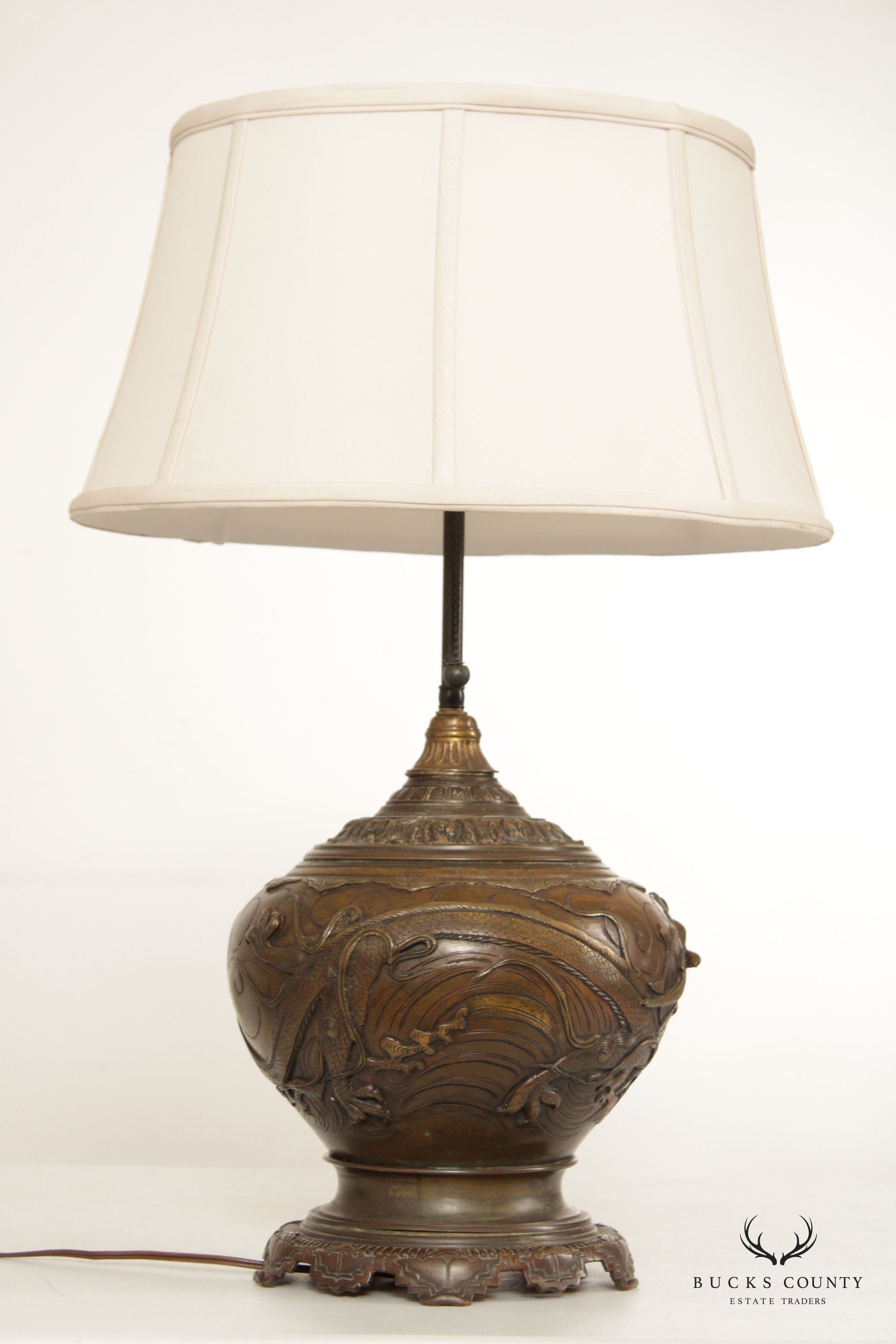 Antique Chinese Bronze Dragon Table Lamp with Shade