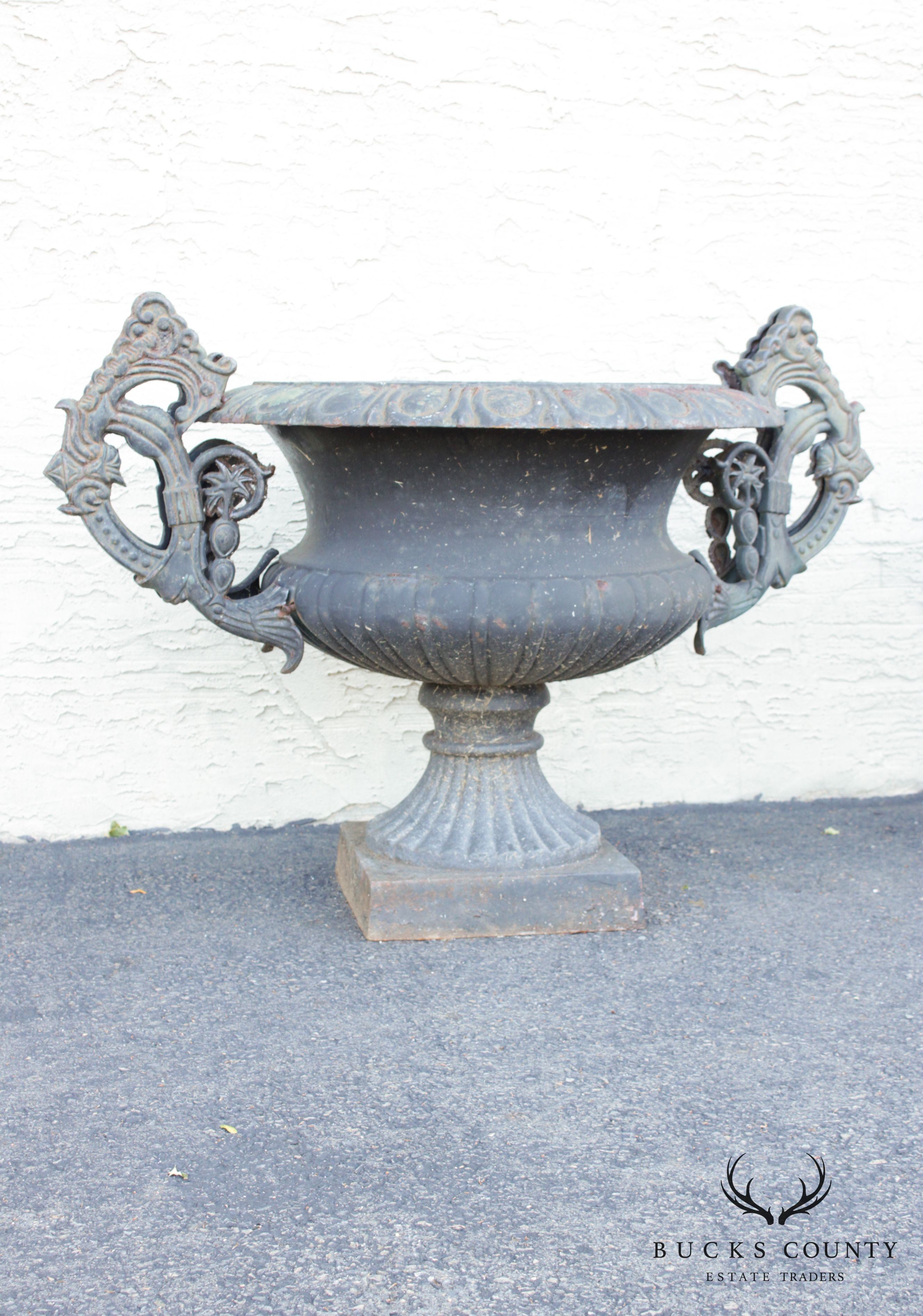 Large Vintage Pair Cast Iron Garden Urns