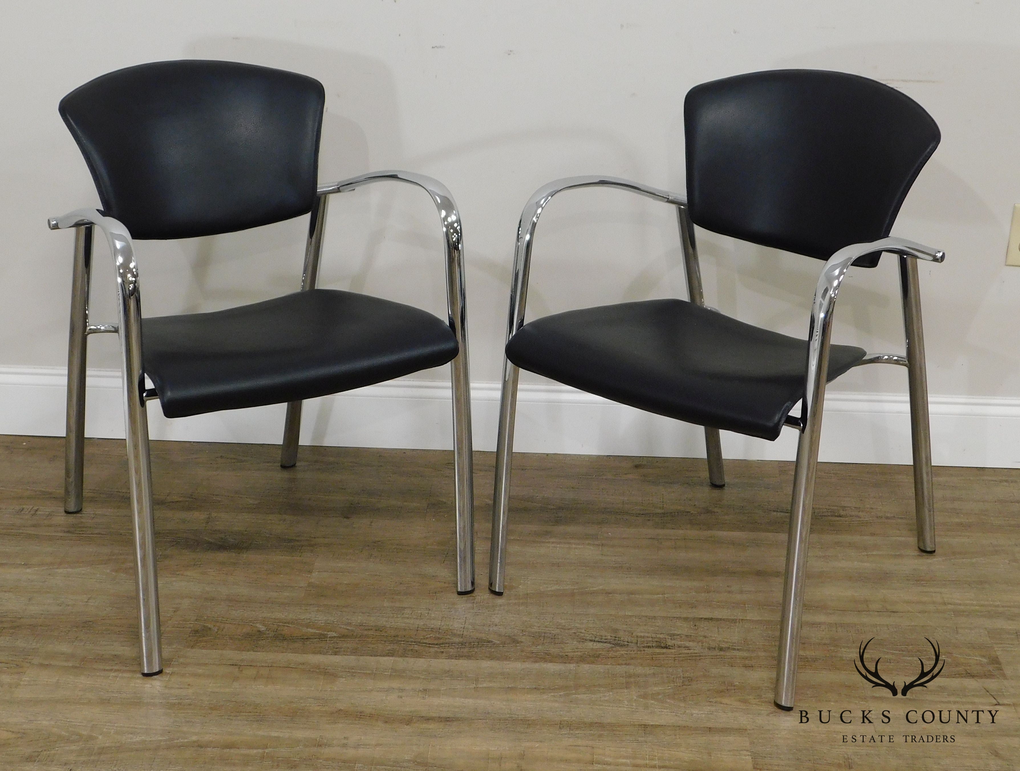 Brayton International Collection Steelcase Pair Chrome & Black Leather Armchairs