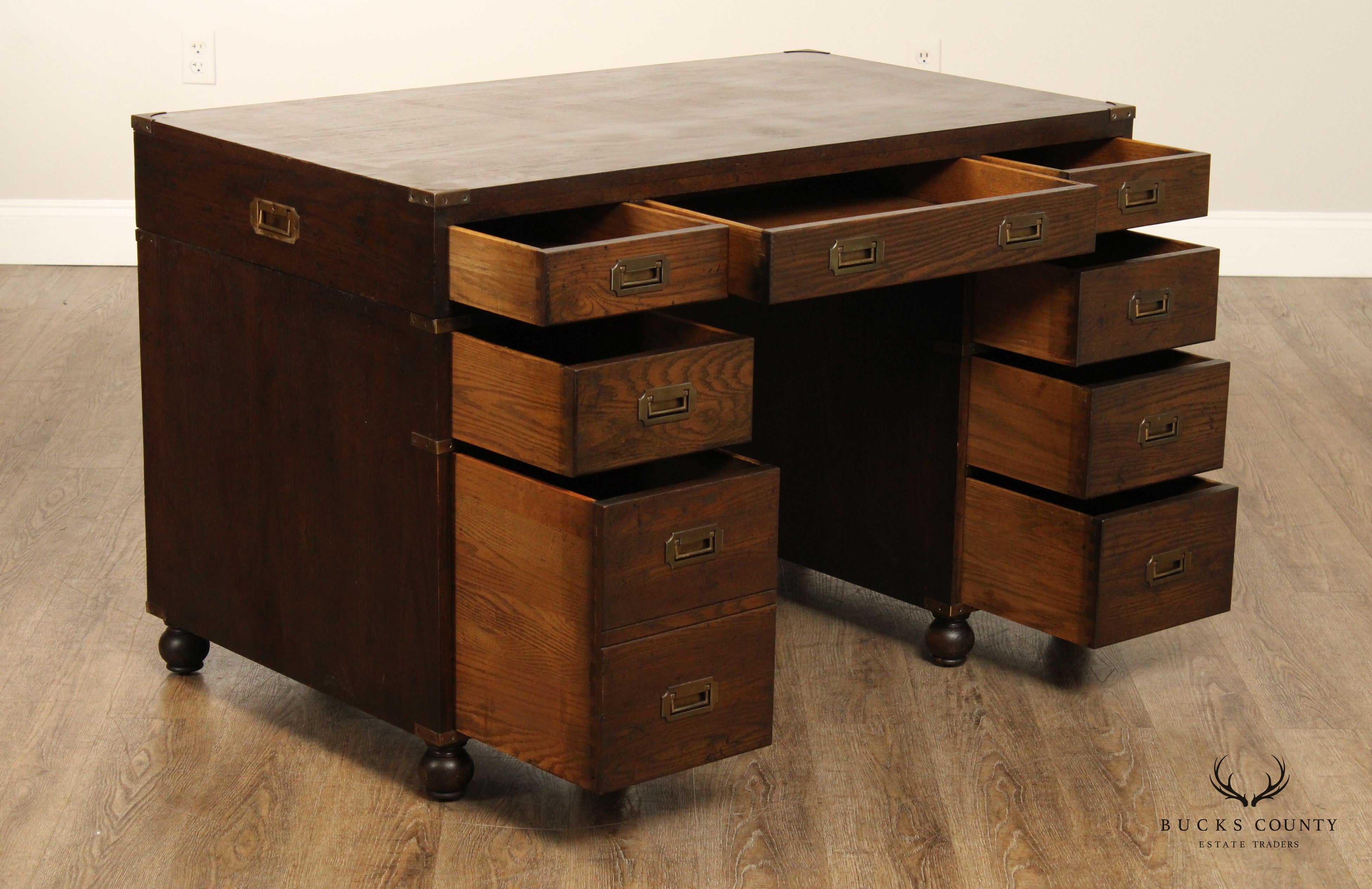 Campaign Style Vintage Oak Pedestal Writing Desk