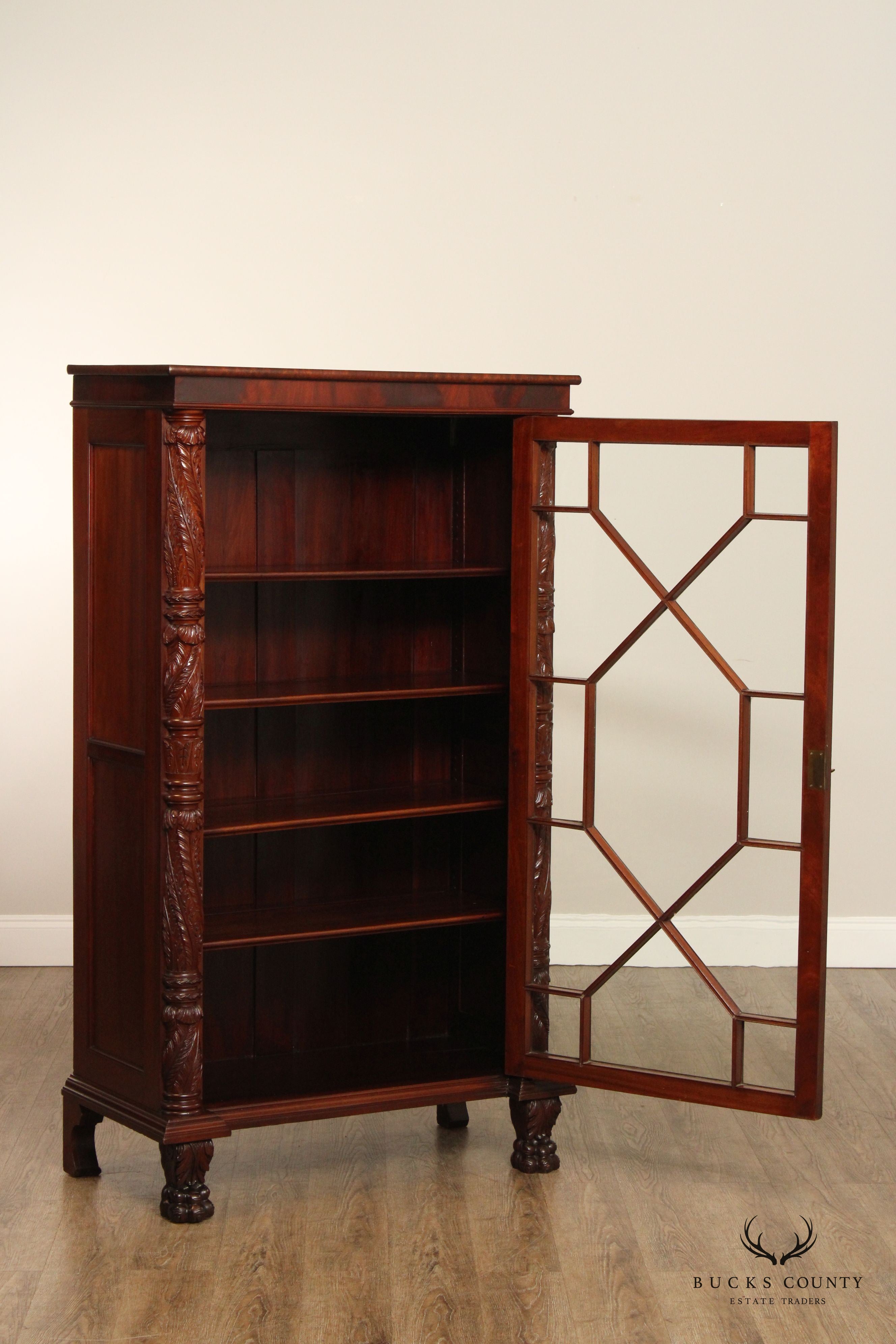 Antique Pair of American Empire Carved Acanthus and Paw Foot Mahogany China Cabinet Bookcases