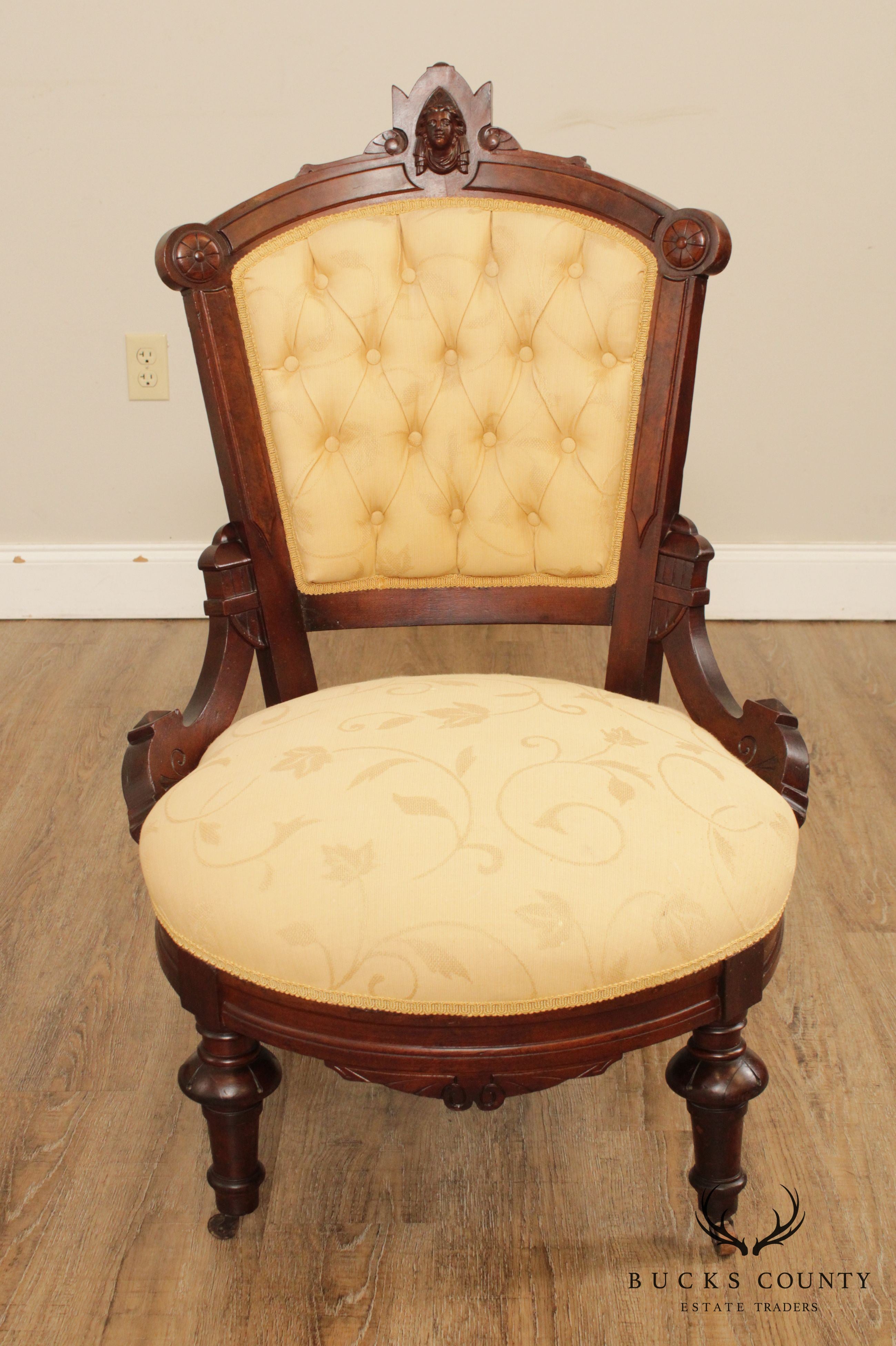 Antique Victorian His & Hers Pair Walnut Armchairs