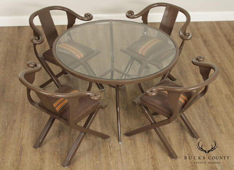 Mid Century Chinese Style Cast Aluminum Glass Top Table & 4 Horseshoe Chairs Dining Set