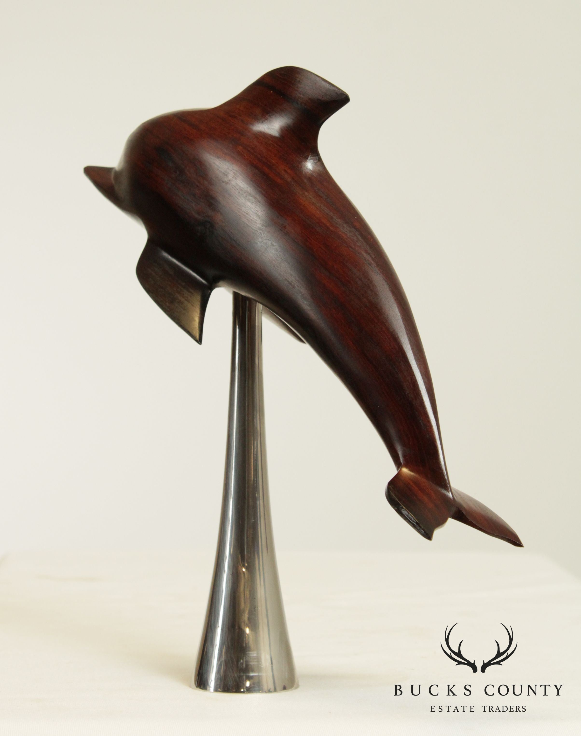 Mid Century Modern Carved Rosewood Dolphin Sculpture on Chrome Base