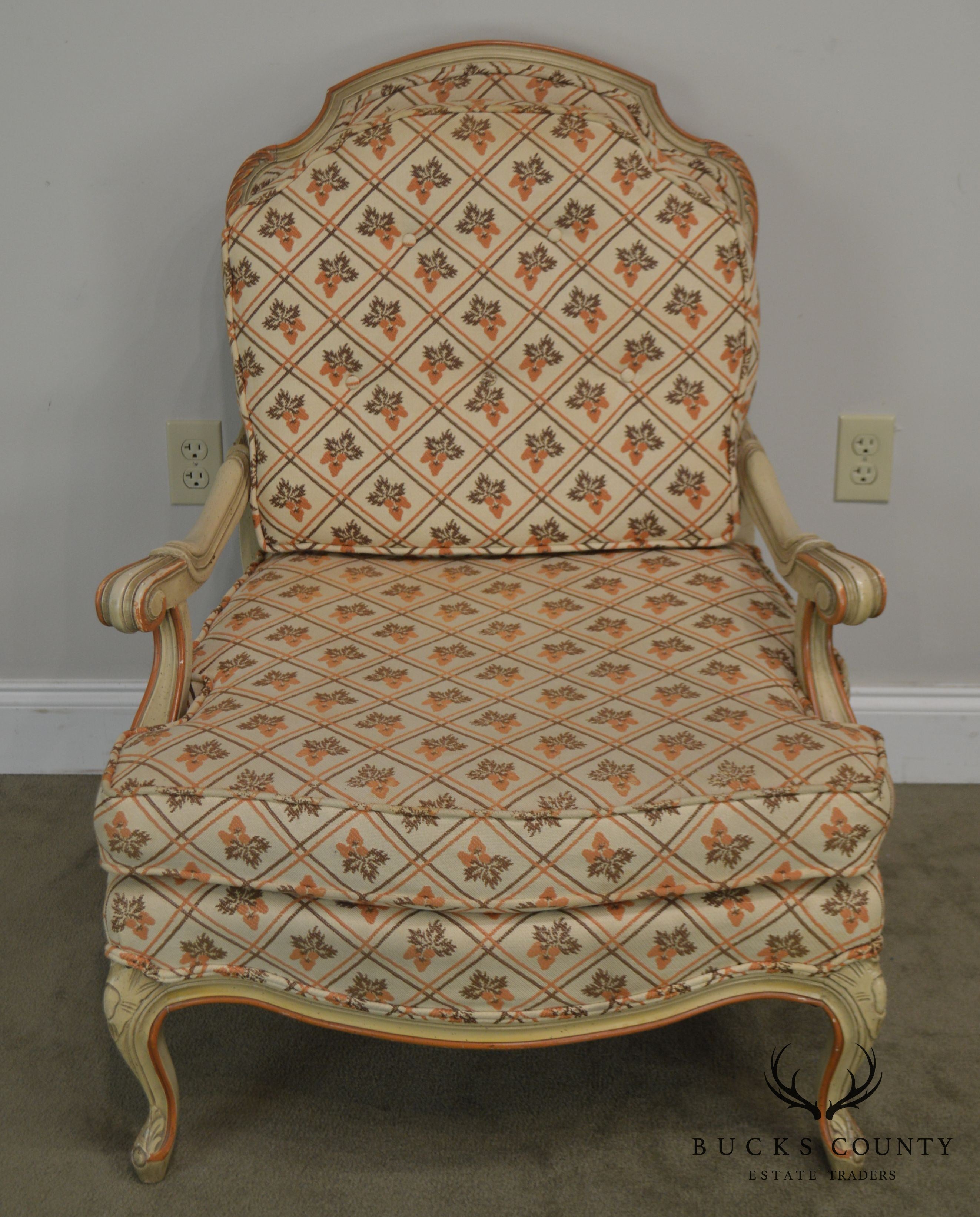 French Louis XV Style Vintage 1960's Paint Frame Bergere Chair with Ottoman