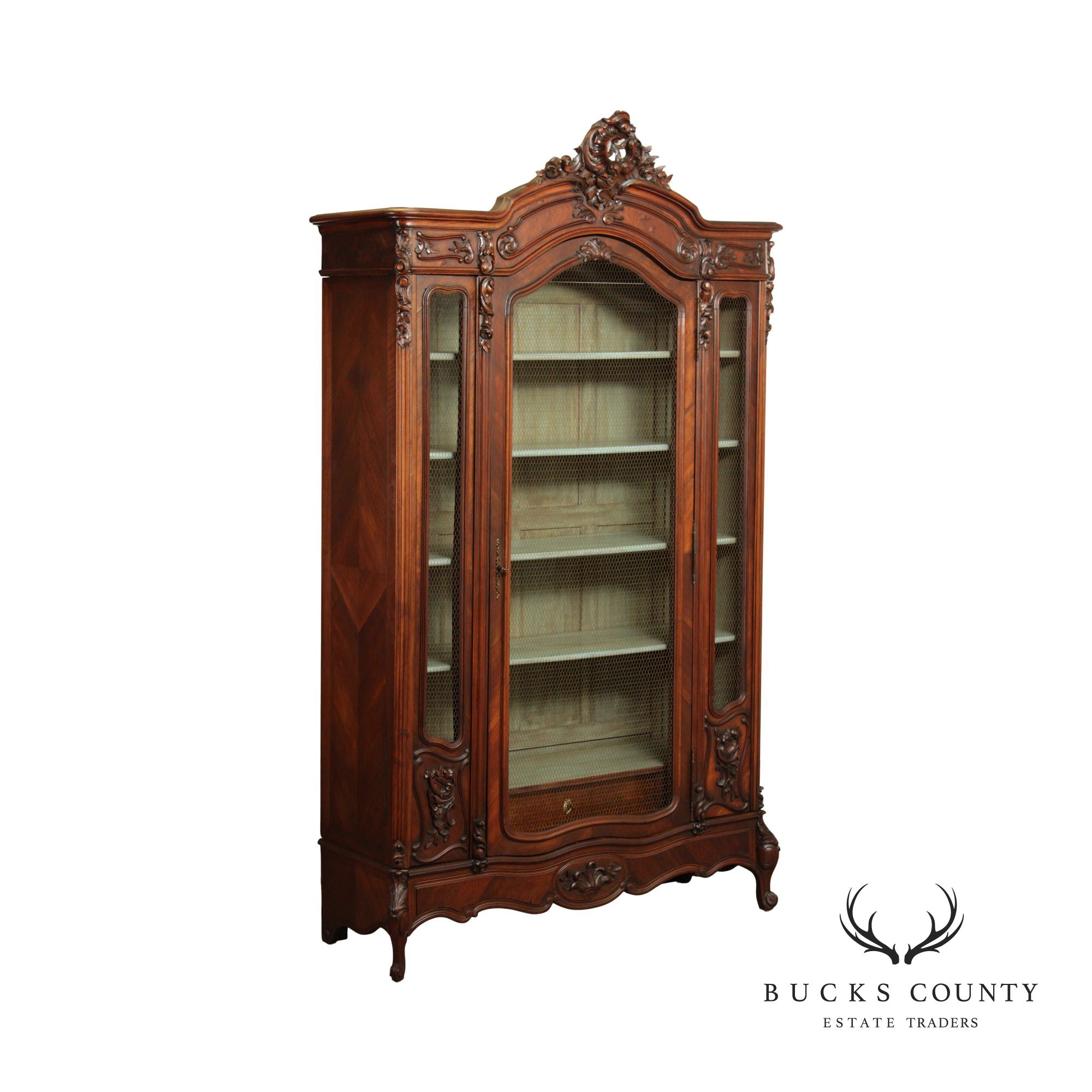 French Louis XV Style Antique Carved Walnut Bookcase