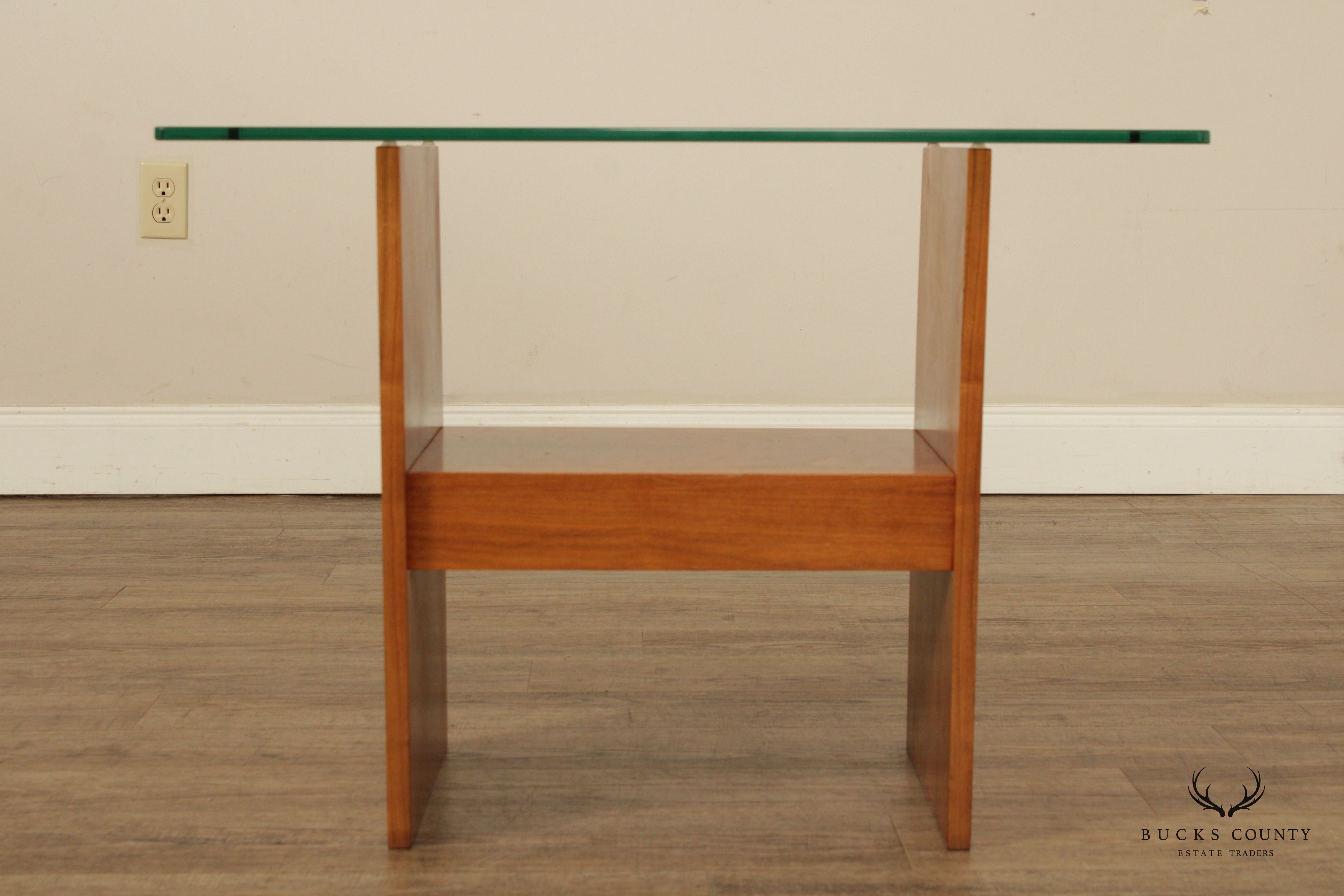 Mid Century Modern Walnut Glass Top Side Table