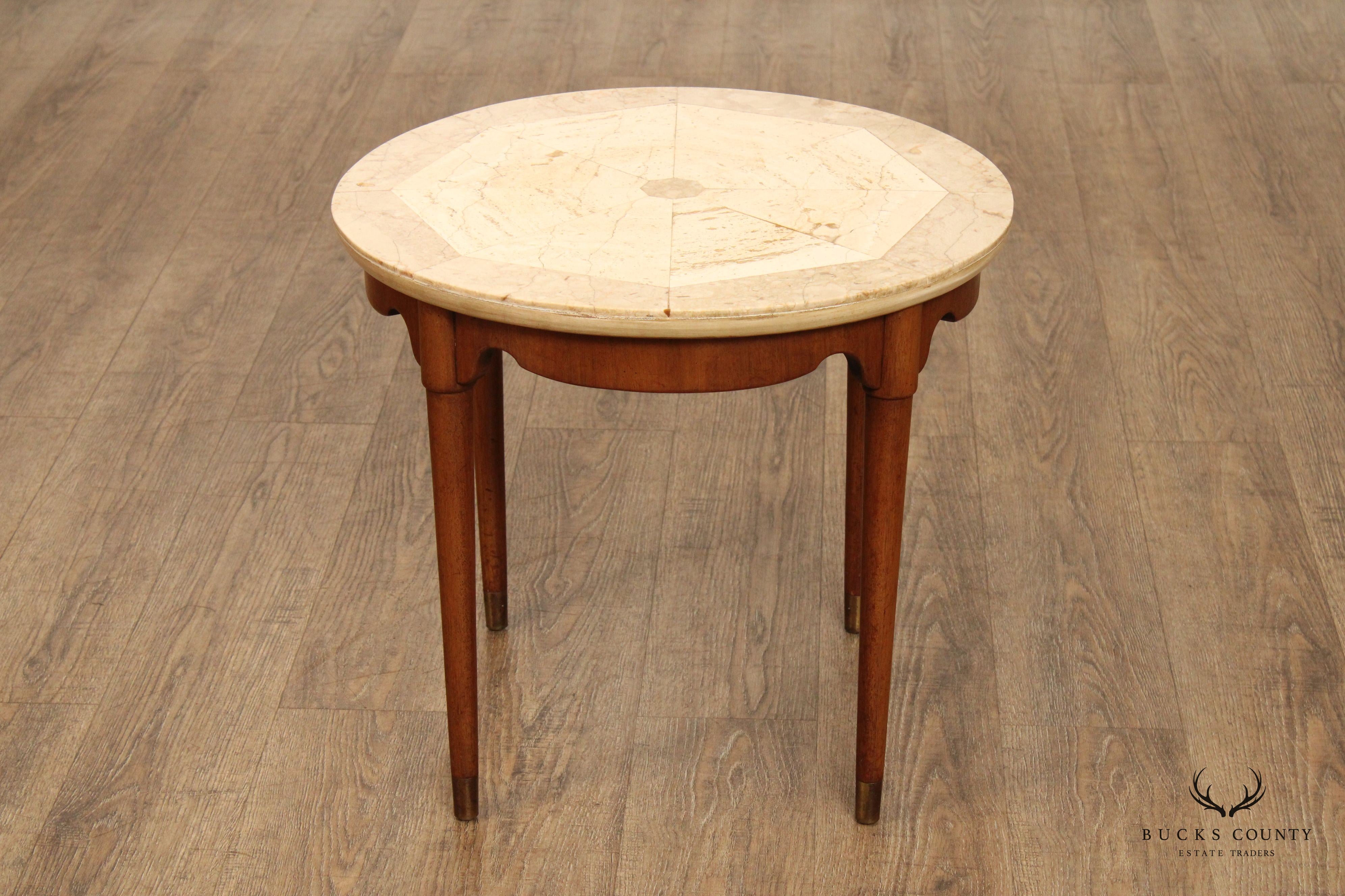 Italian Mid Century Round Travertine Top Walnut Side Table