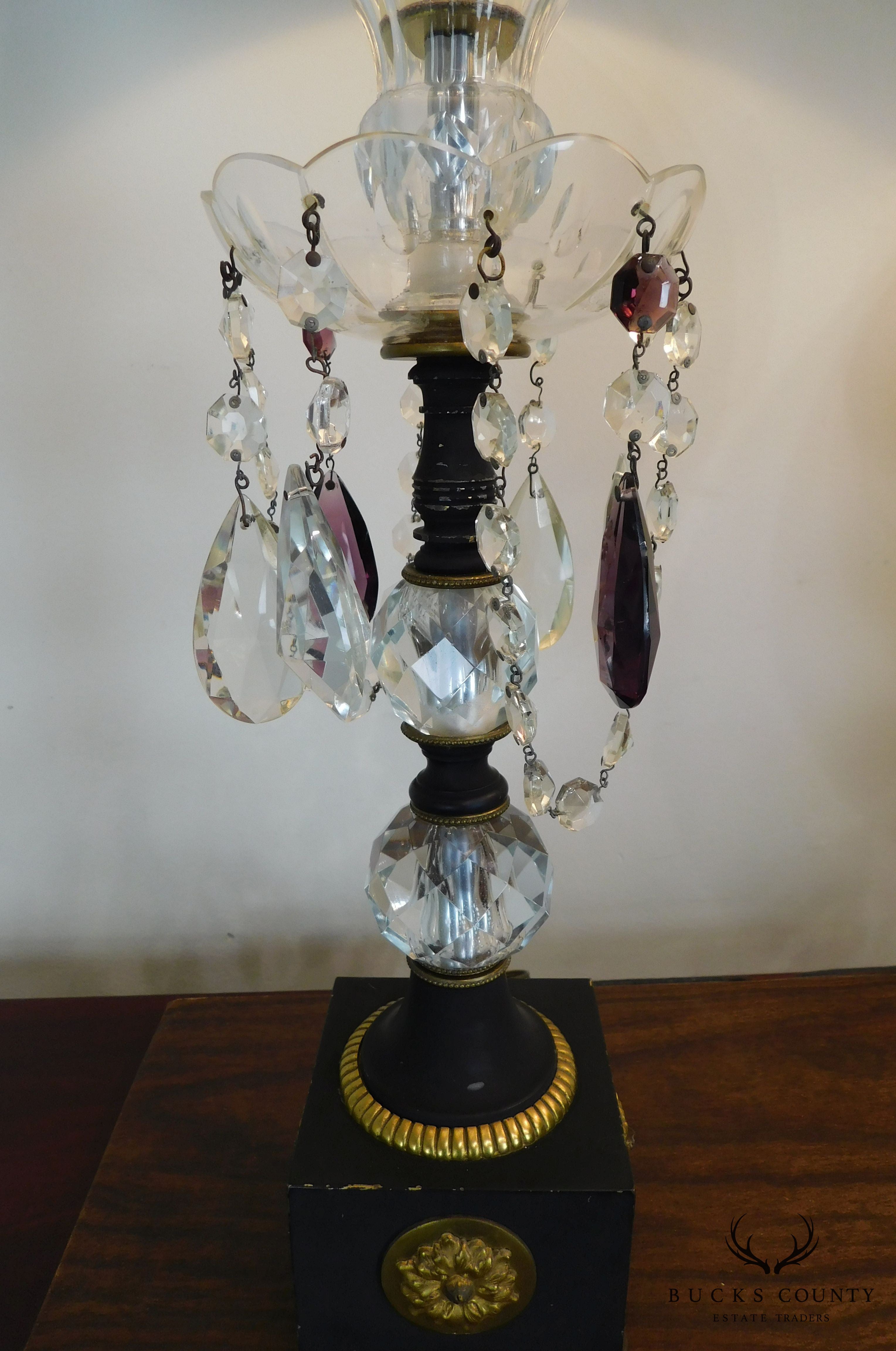 Pair French Empire Table Lamps with Fabric Shades, Turned Stems with Faceted Crystal Balls