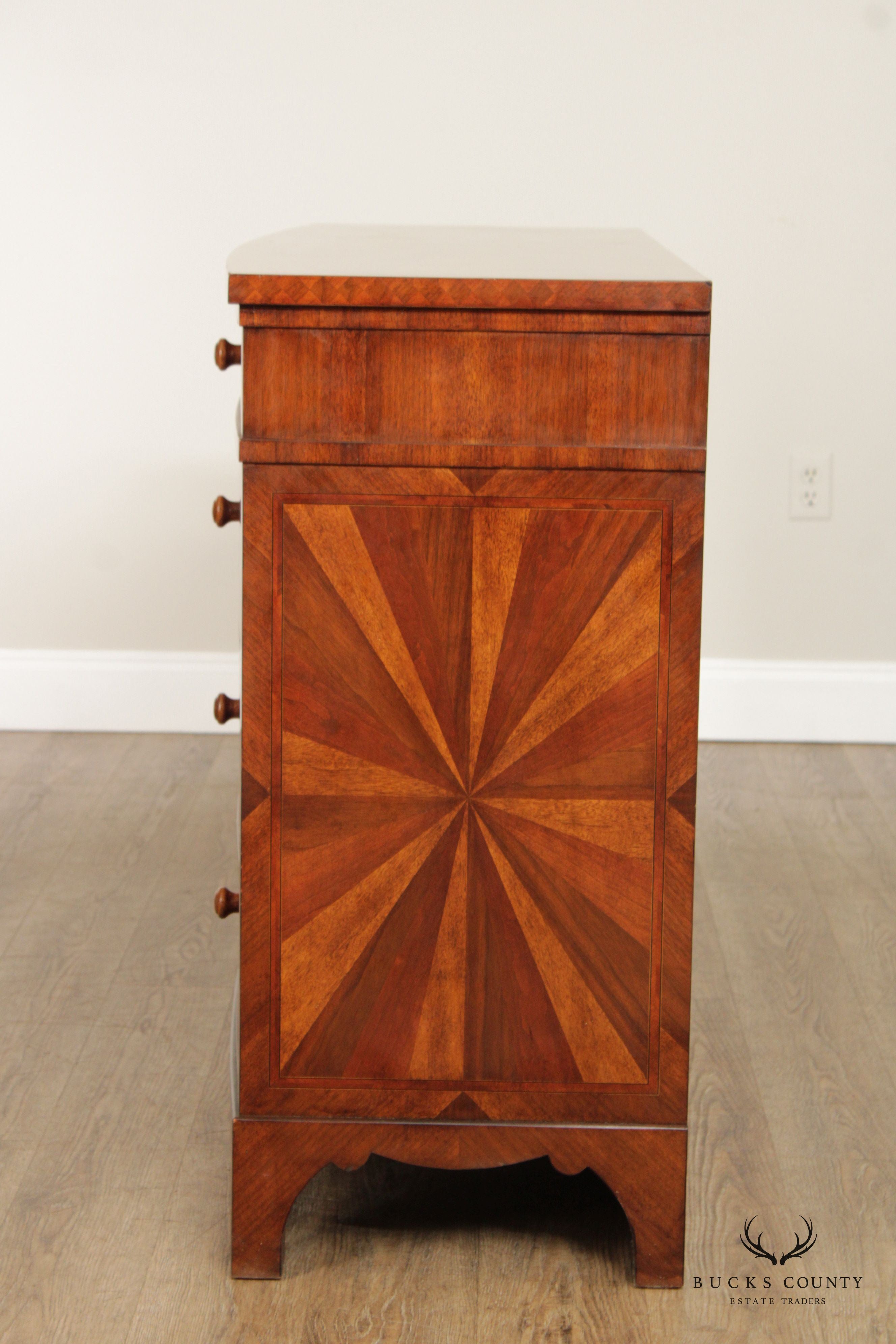 Italian Regency Style Sunburst Inlaid Bowfront Chest of Drawers