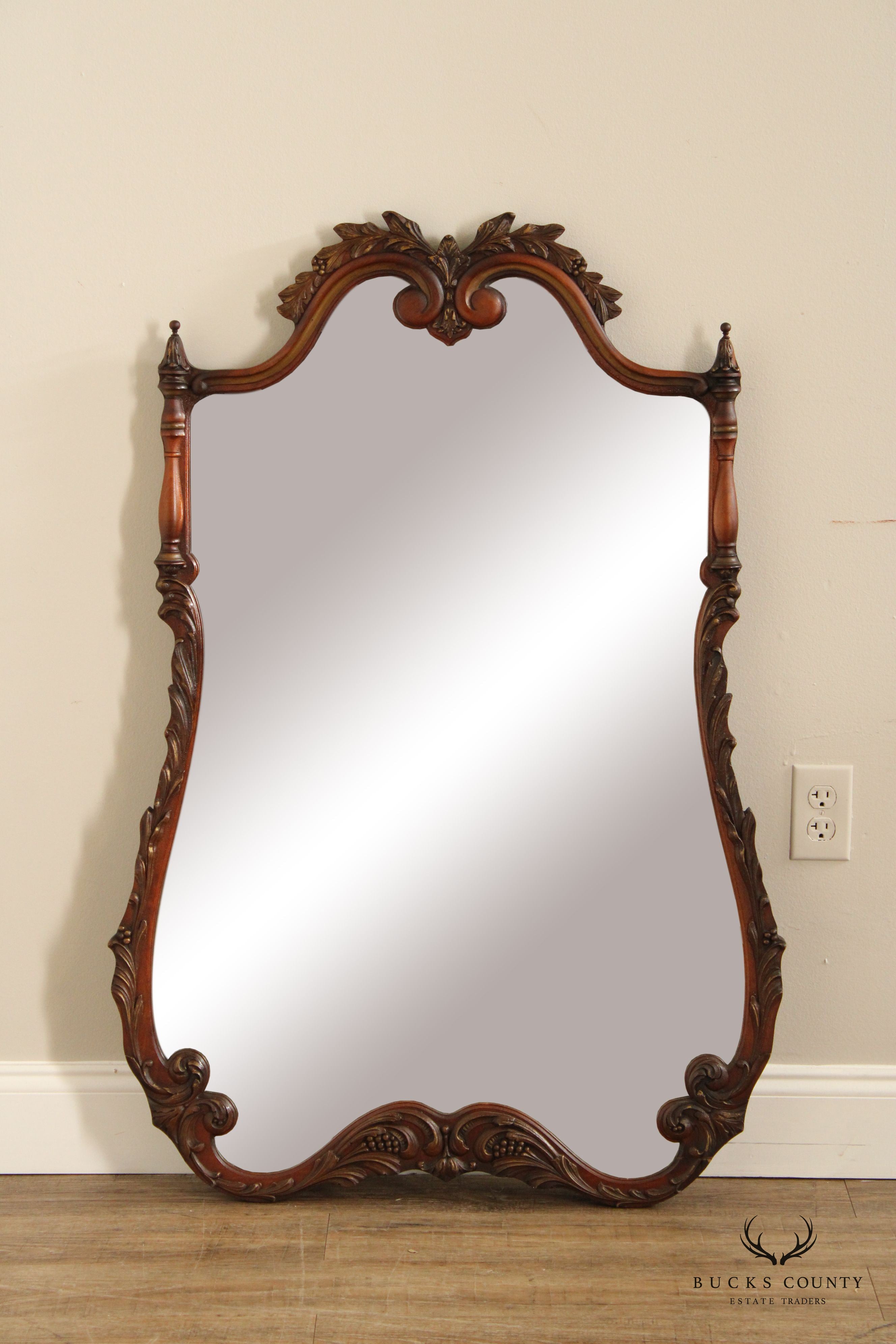 FRENCH LOUIS XV STYLE VINTAGE CARVED MAHOGANY FRAME WALL MIRROR