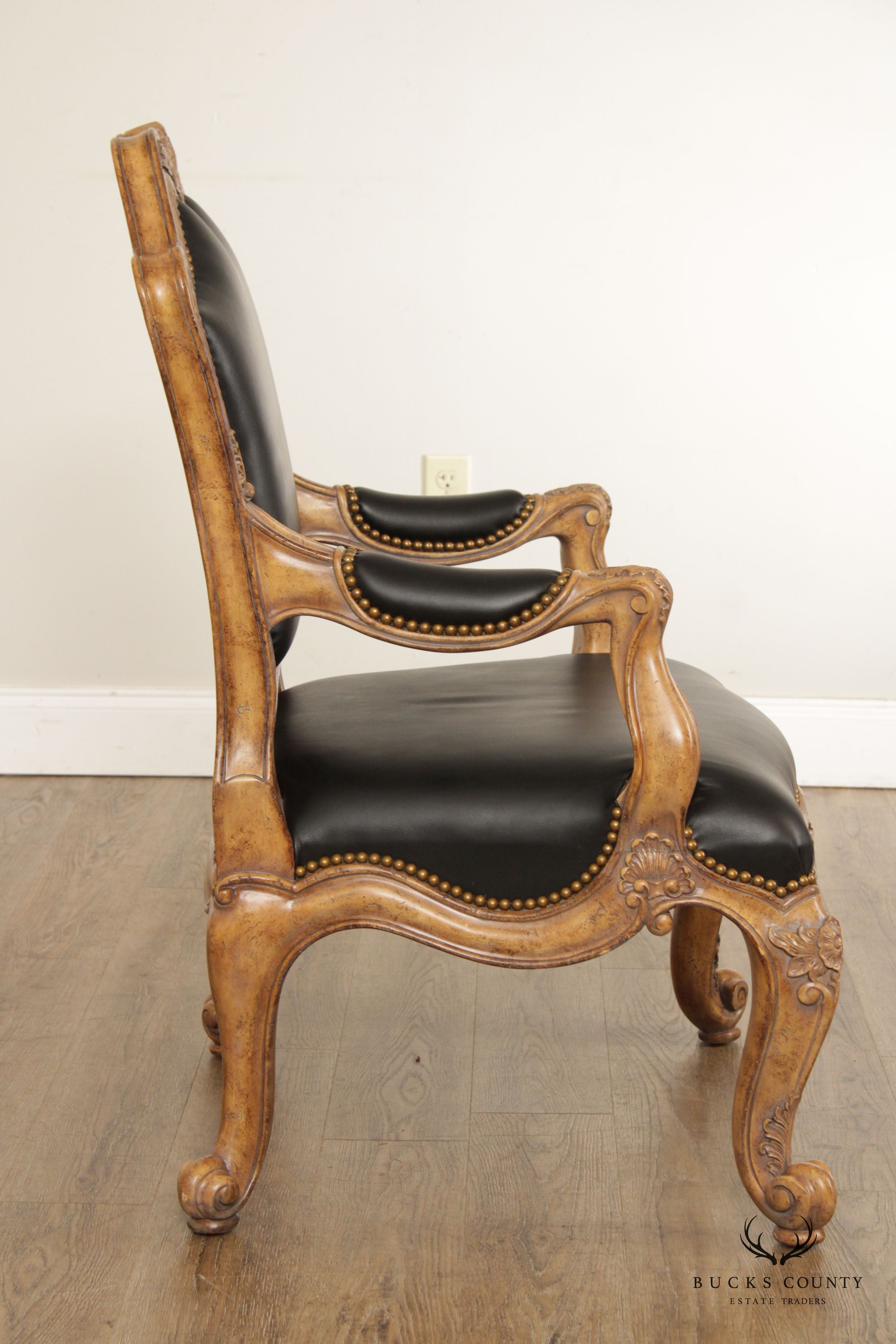 Maitland Smith Louis XV Style Carved Wood and Black Leather Armchair