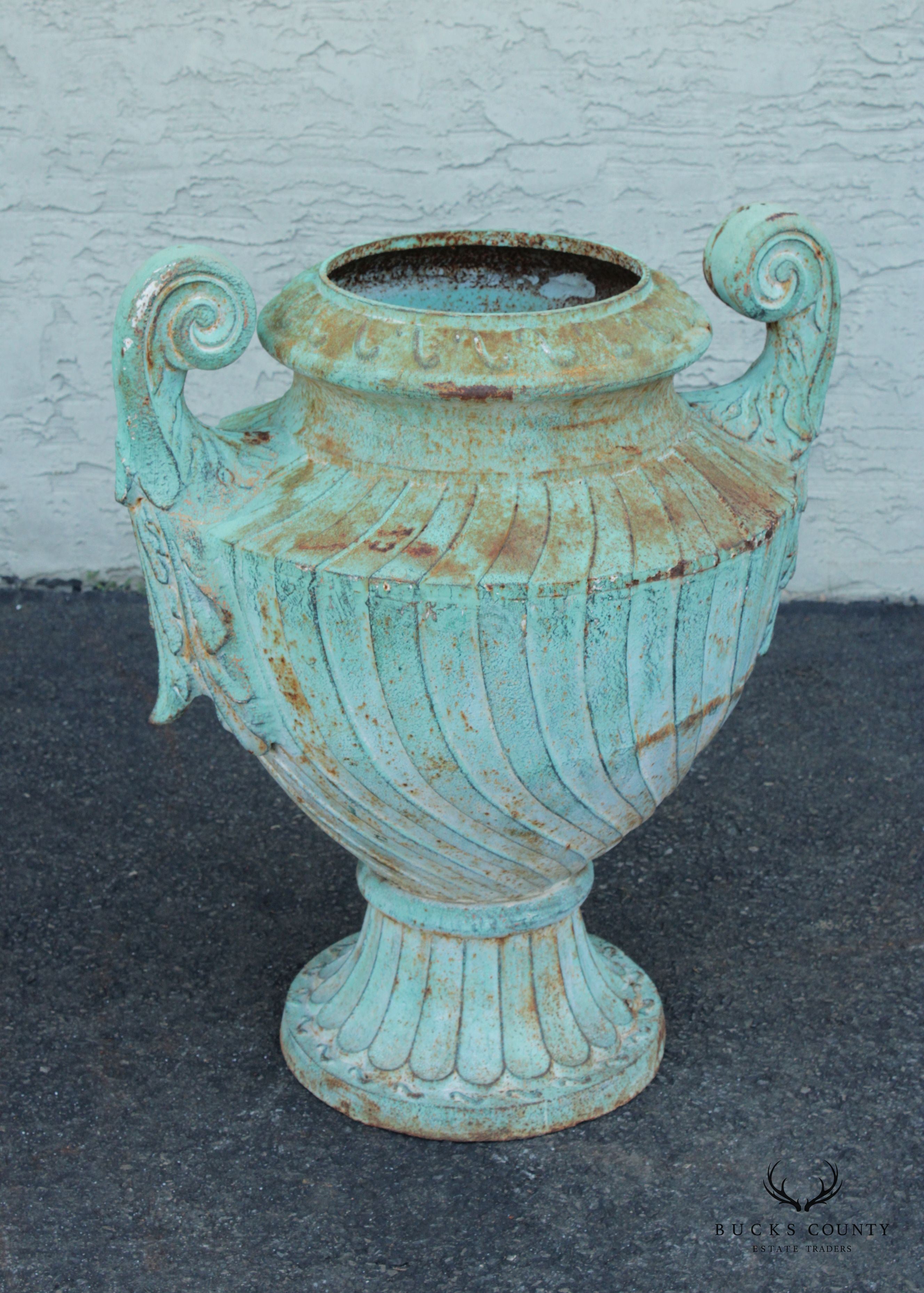 Neoclassical Style Large Pair Verdigris Cast Iron Urn Garden Planters