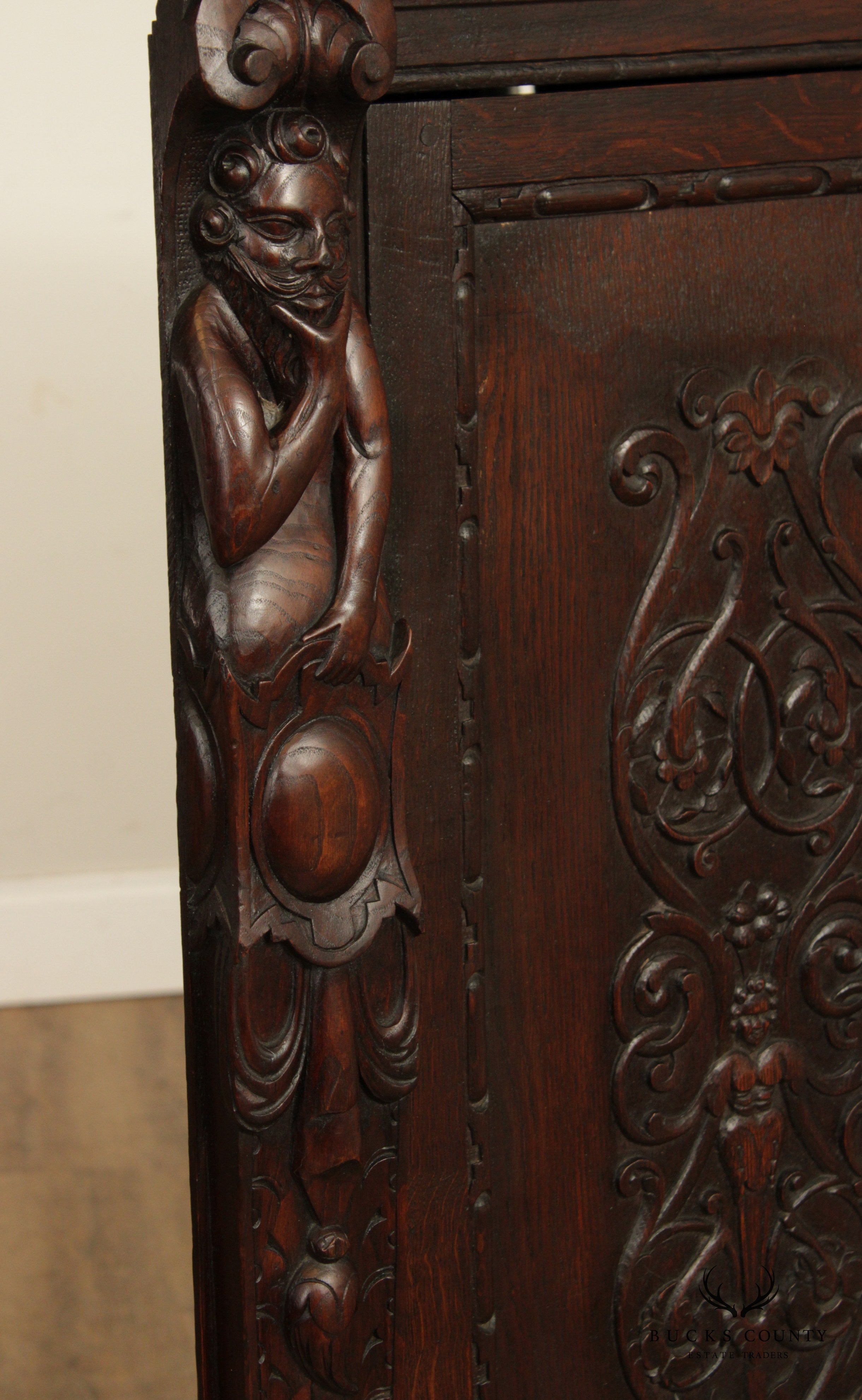 19th Century Antique Renaissance Revival Carved Oak Corner Cabinet