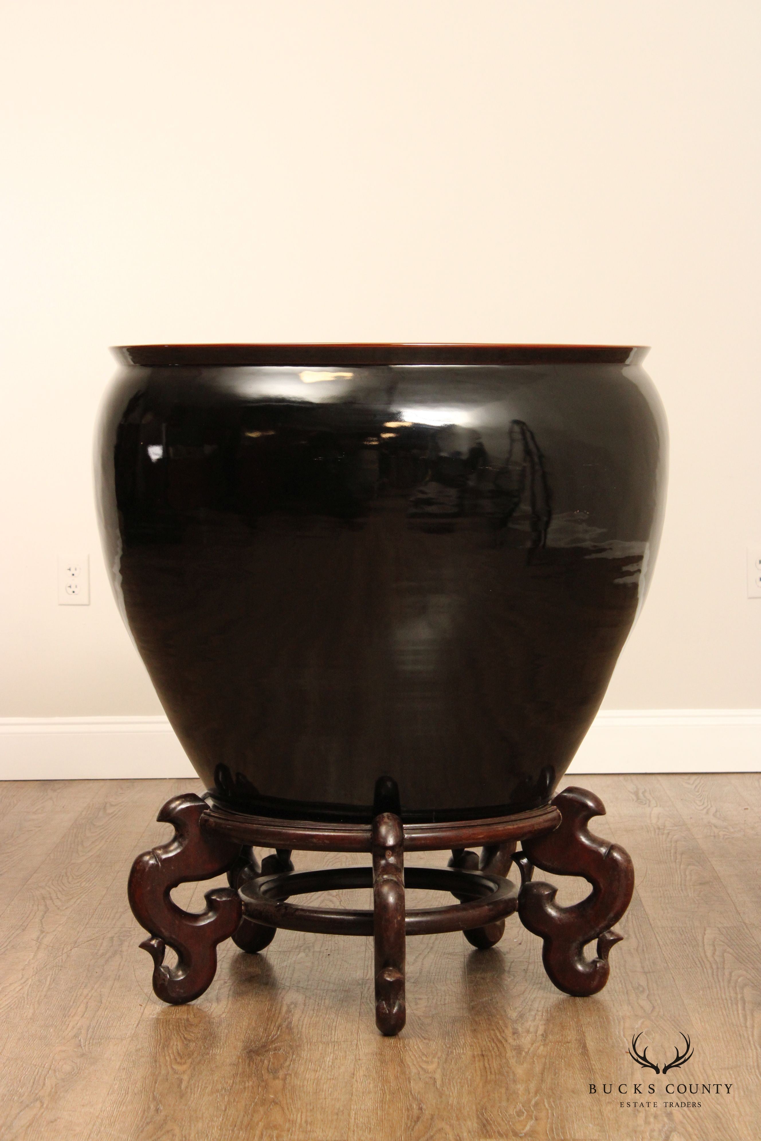 Asian Style Large Black Ceramic Fish Bowl Planter on Stand