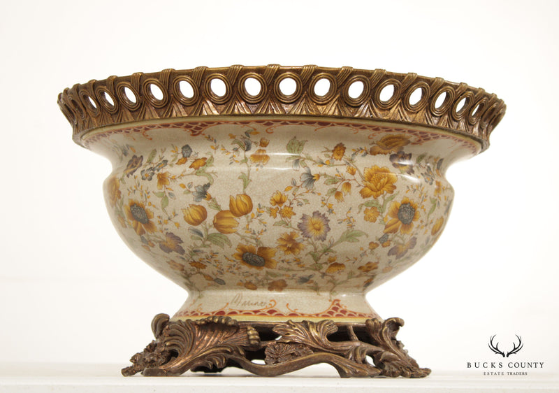 Continental Style Pair Bronze Mounted Porcelain Centerpiece Bowls