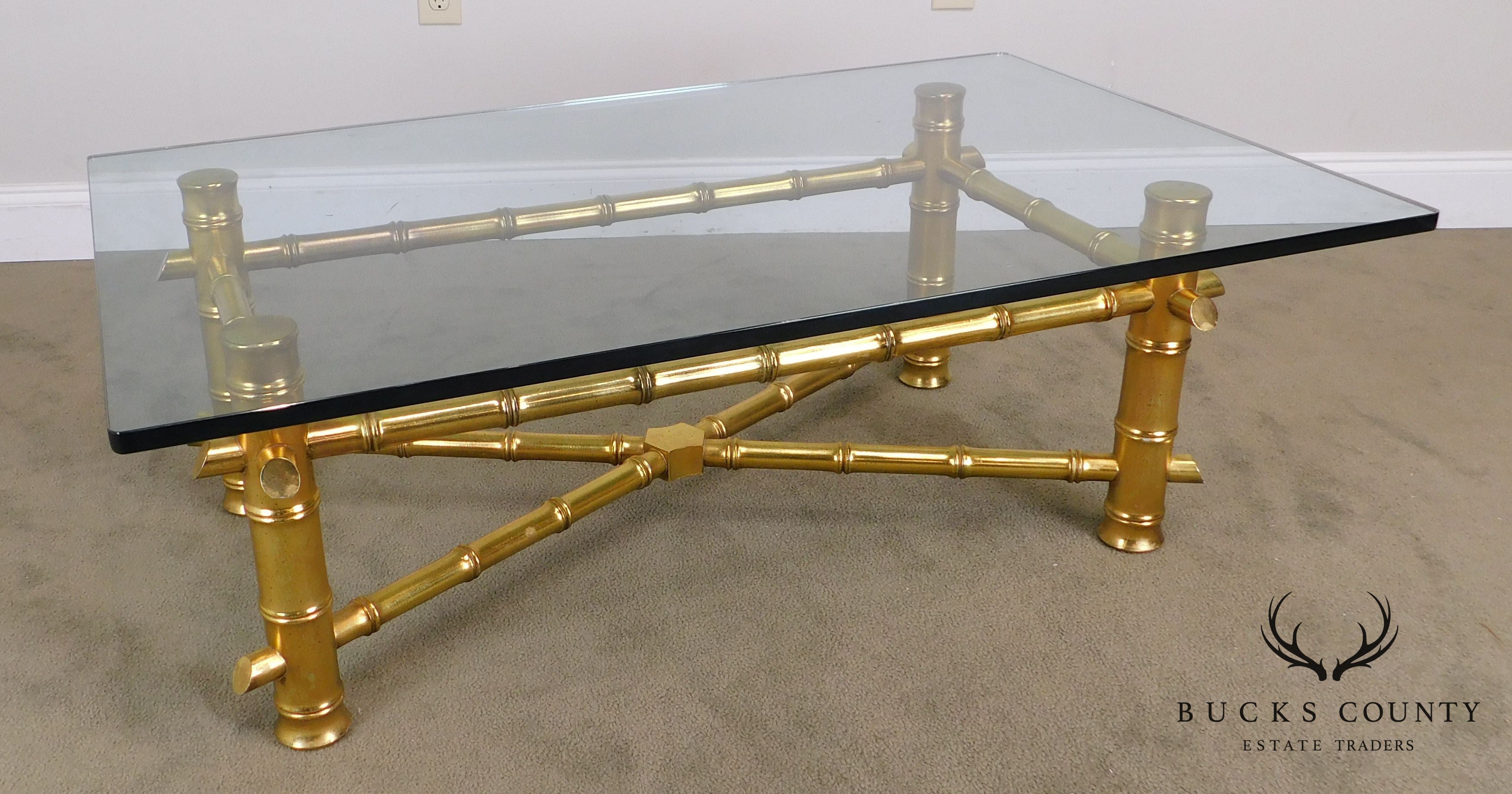 Hollywood Regency Faux Bamboo Gold Gilt Wood Glass Top Coffee Table