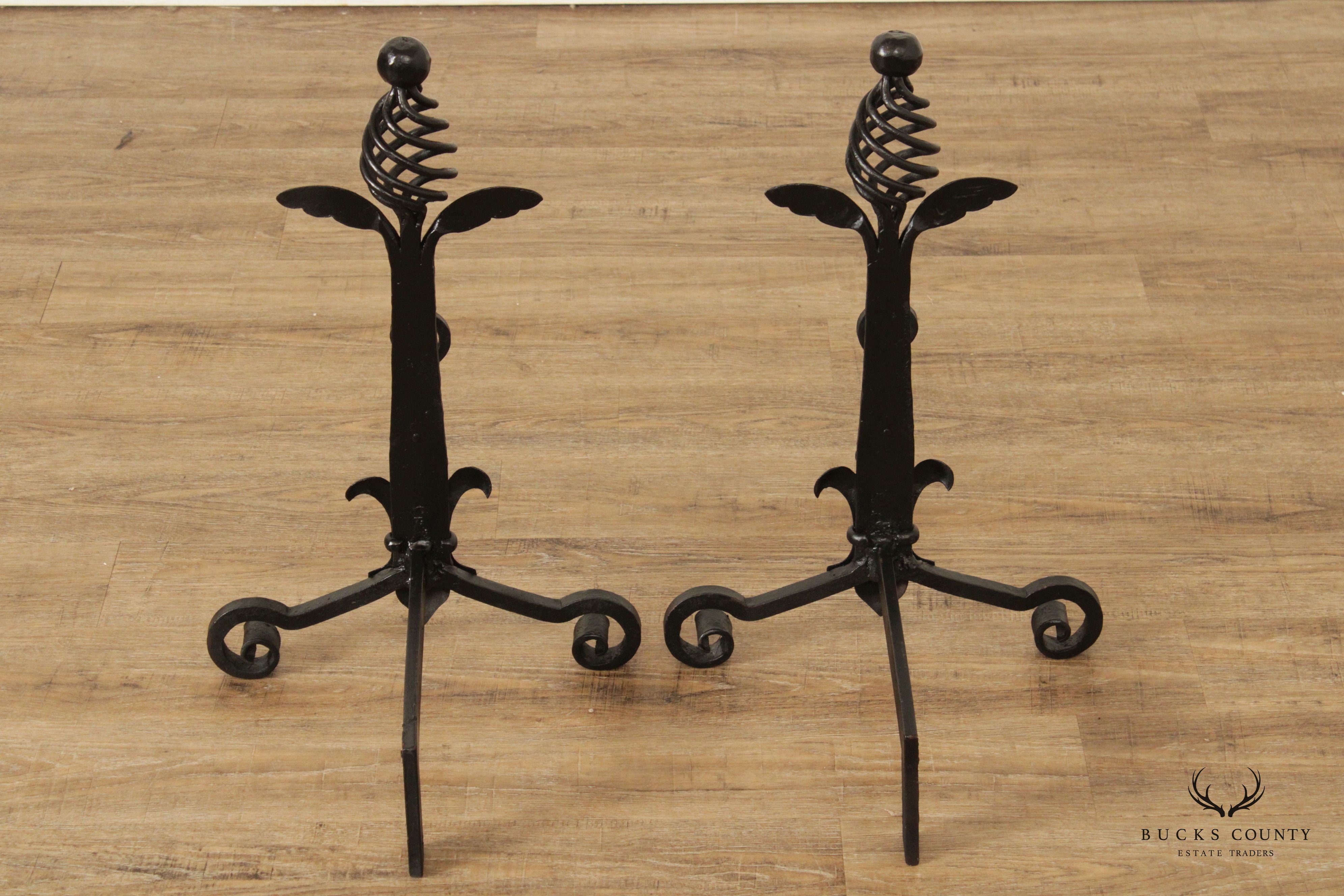 Quality Pair Of Hand Forged Iron Andirons