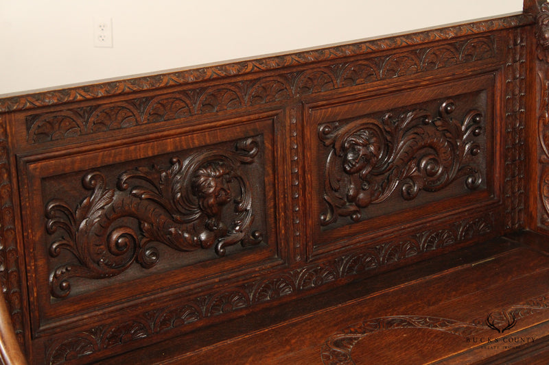 Antique Victorian Renaissance Revival Carved Oak Hall Bench