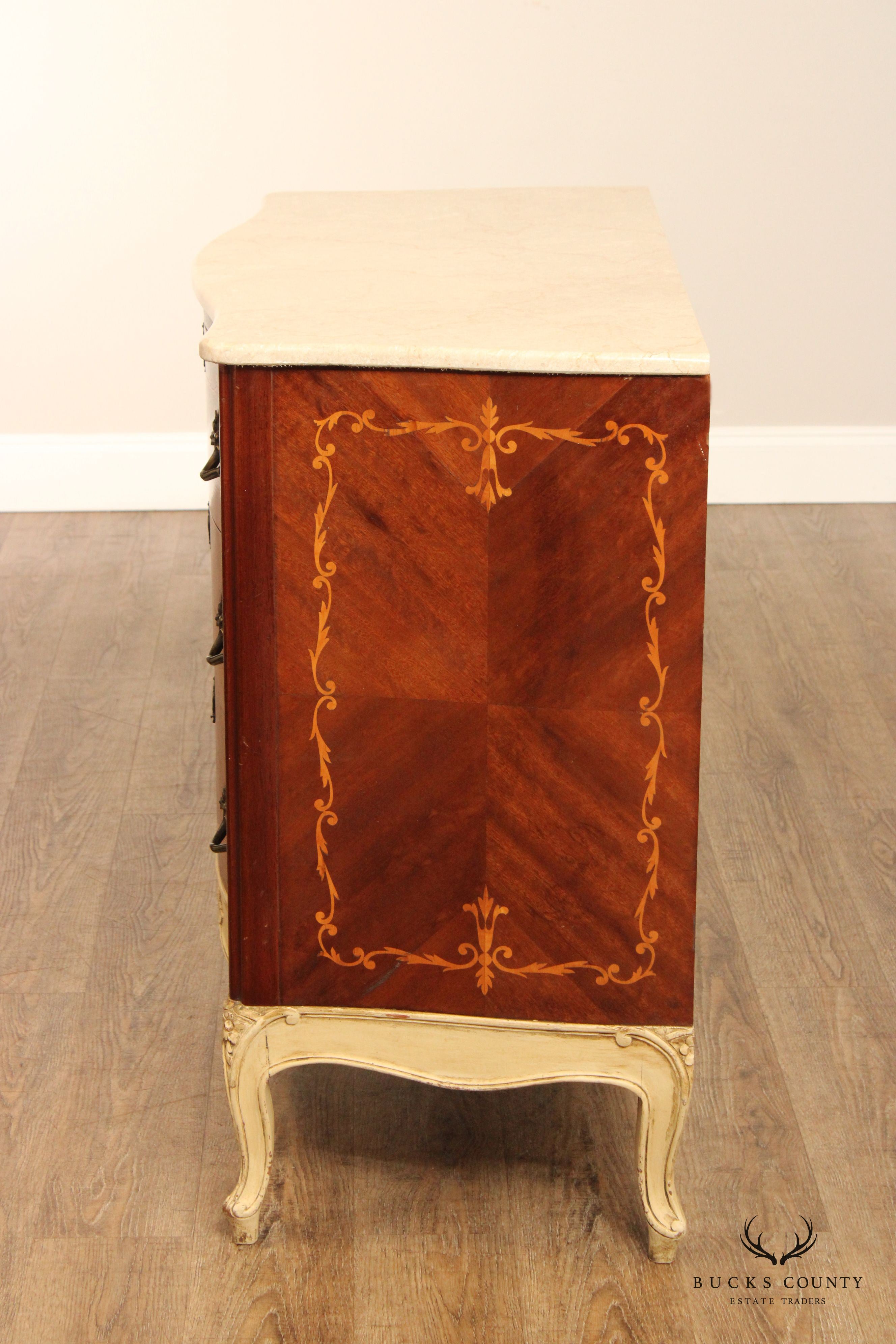 1920's French Marquetry Inlaid Marble Top Chest of Drawers