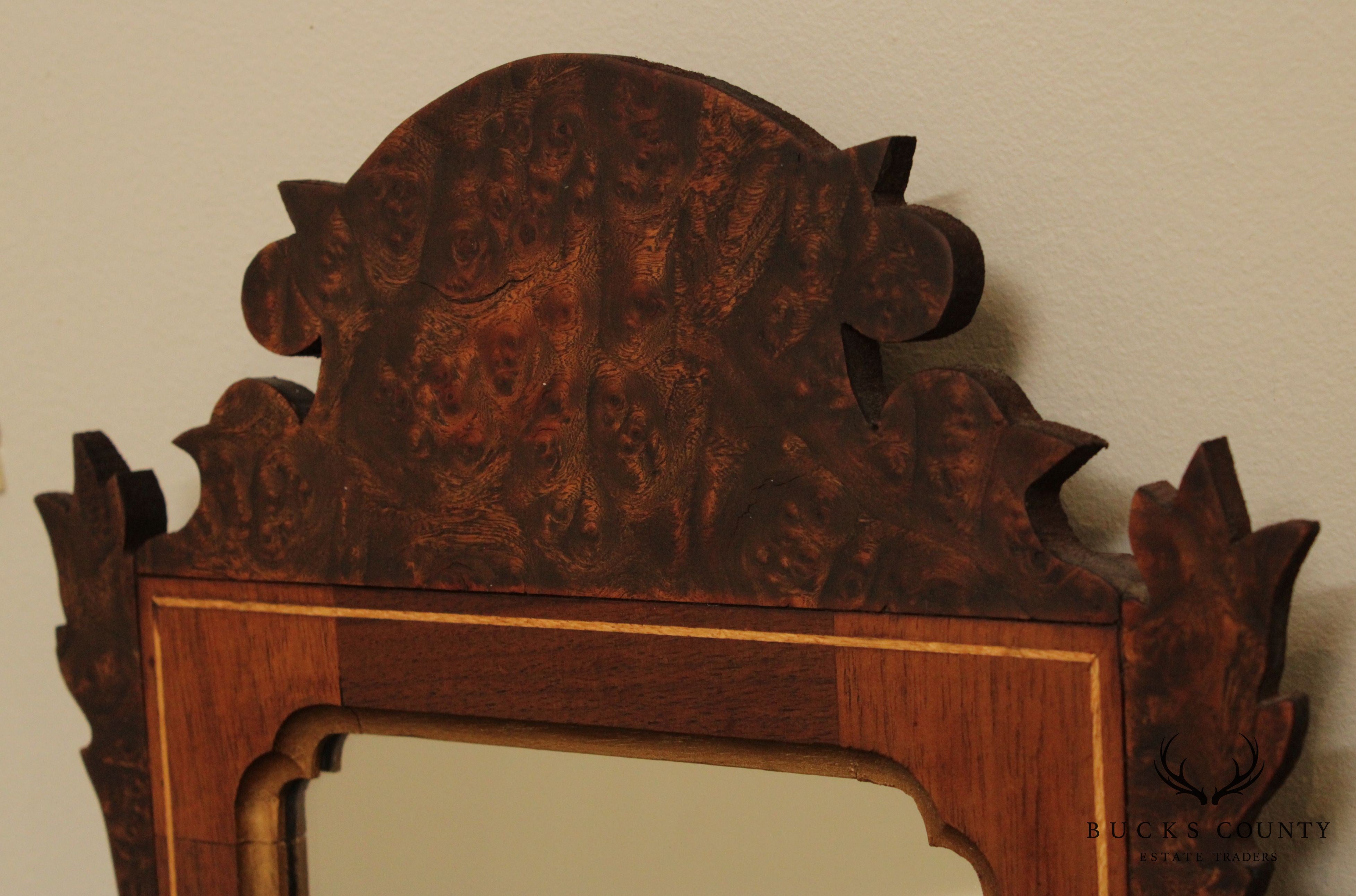 Chippendale Style Hand Crafted Mahogany & Burl Wood Pair Small Mirrors