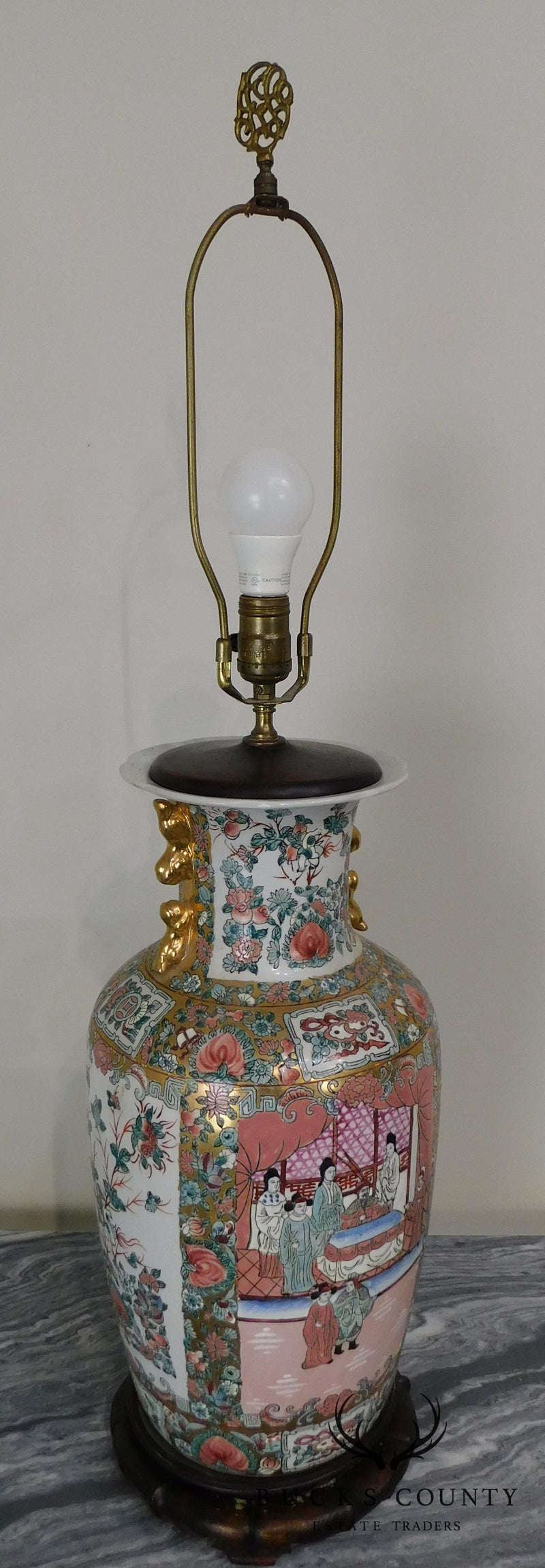 Enamelled Famille Rose Vase Lamp on Wood Base