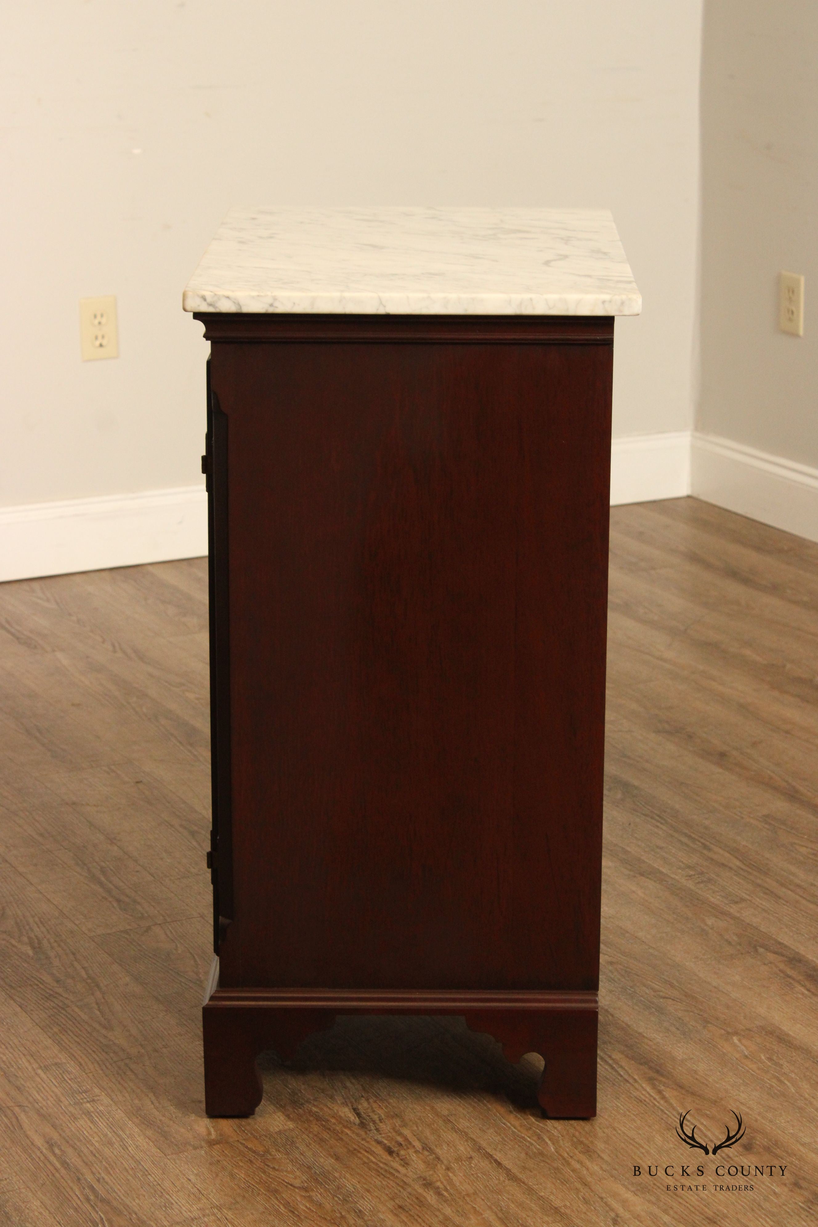 Vintage Pair Mahogany Marble Top Cabinet Nightstands