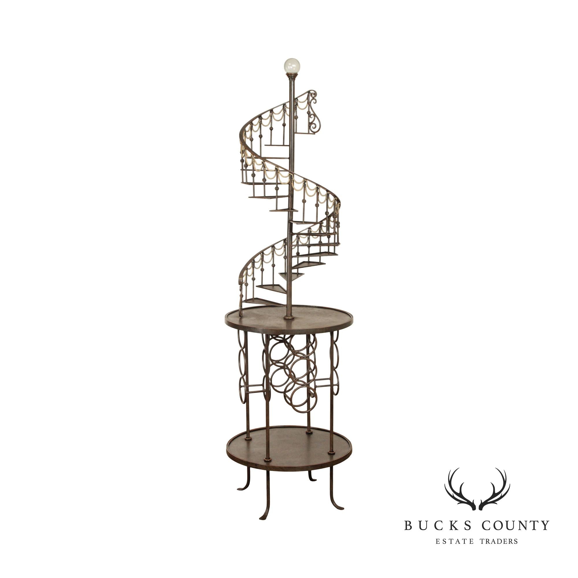 QUALITY WROUGHT IRON SPIRAL STAIRCASE ETAGERE WINE RACK