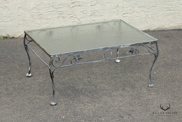 Mid Century Wrought Iron and Glass Top Outdoor Cocktail Table