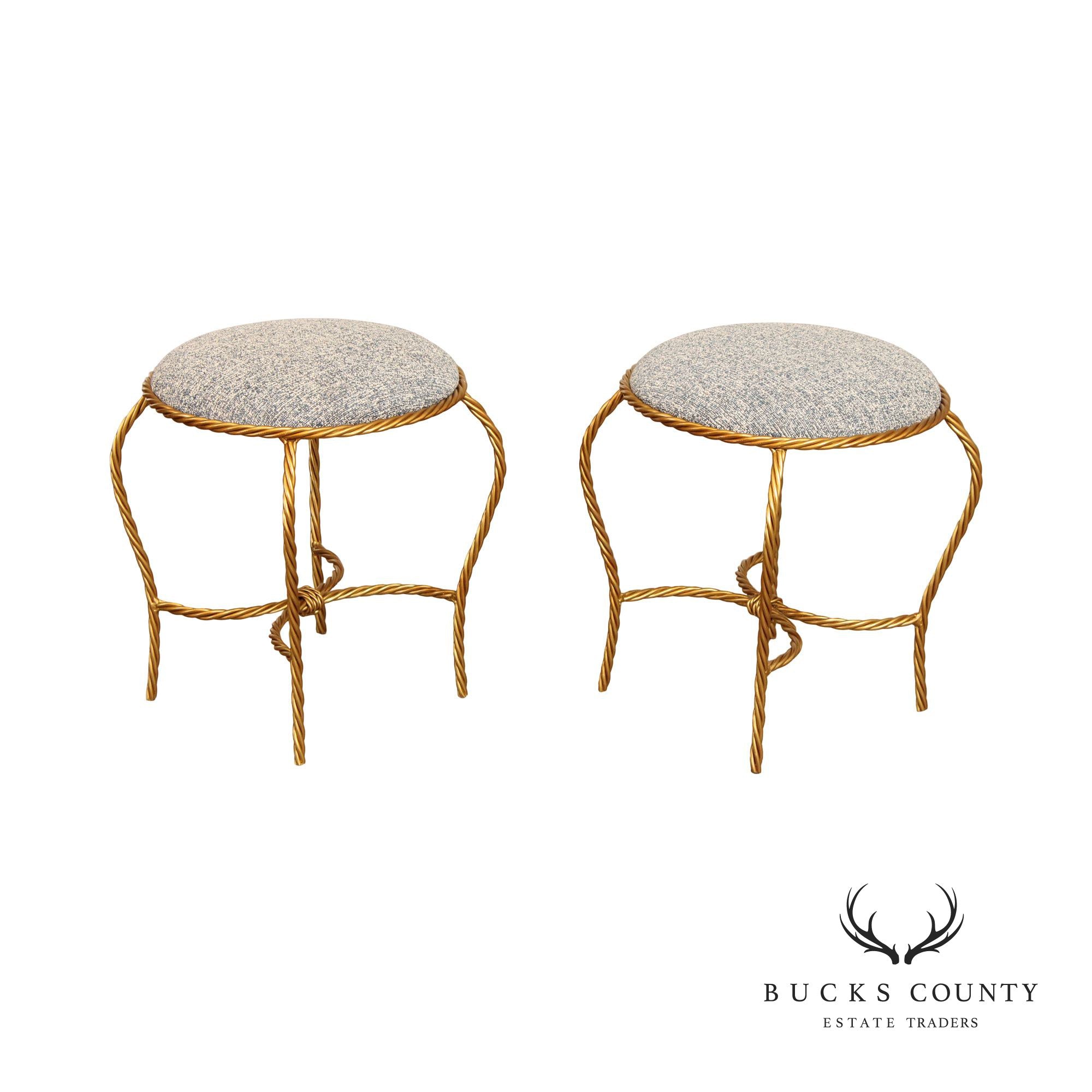 Hollywood Regency Pair of Gilt Metal Rope Twist Stools