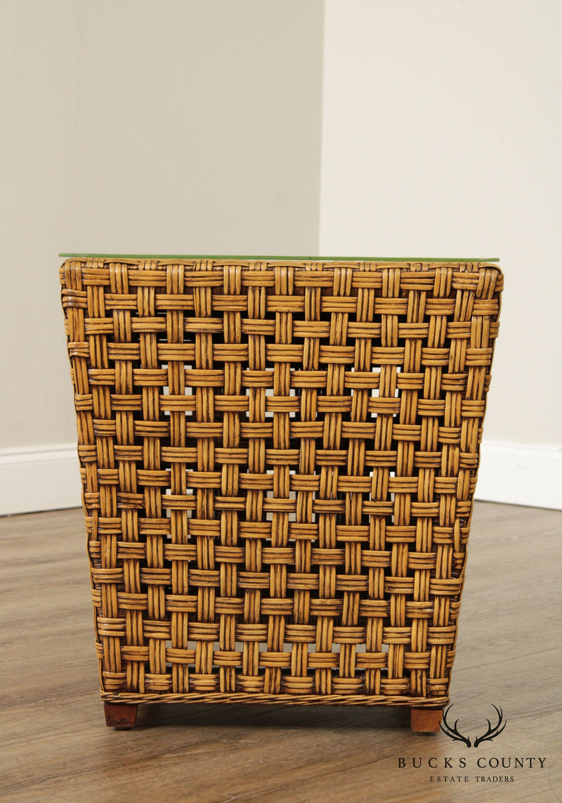 Vintage Woven Wicker Square Glass Top Side Table