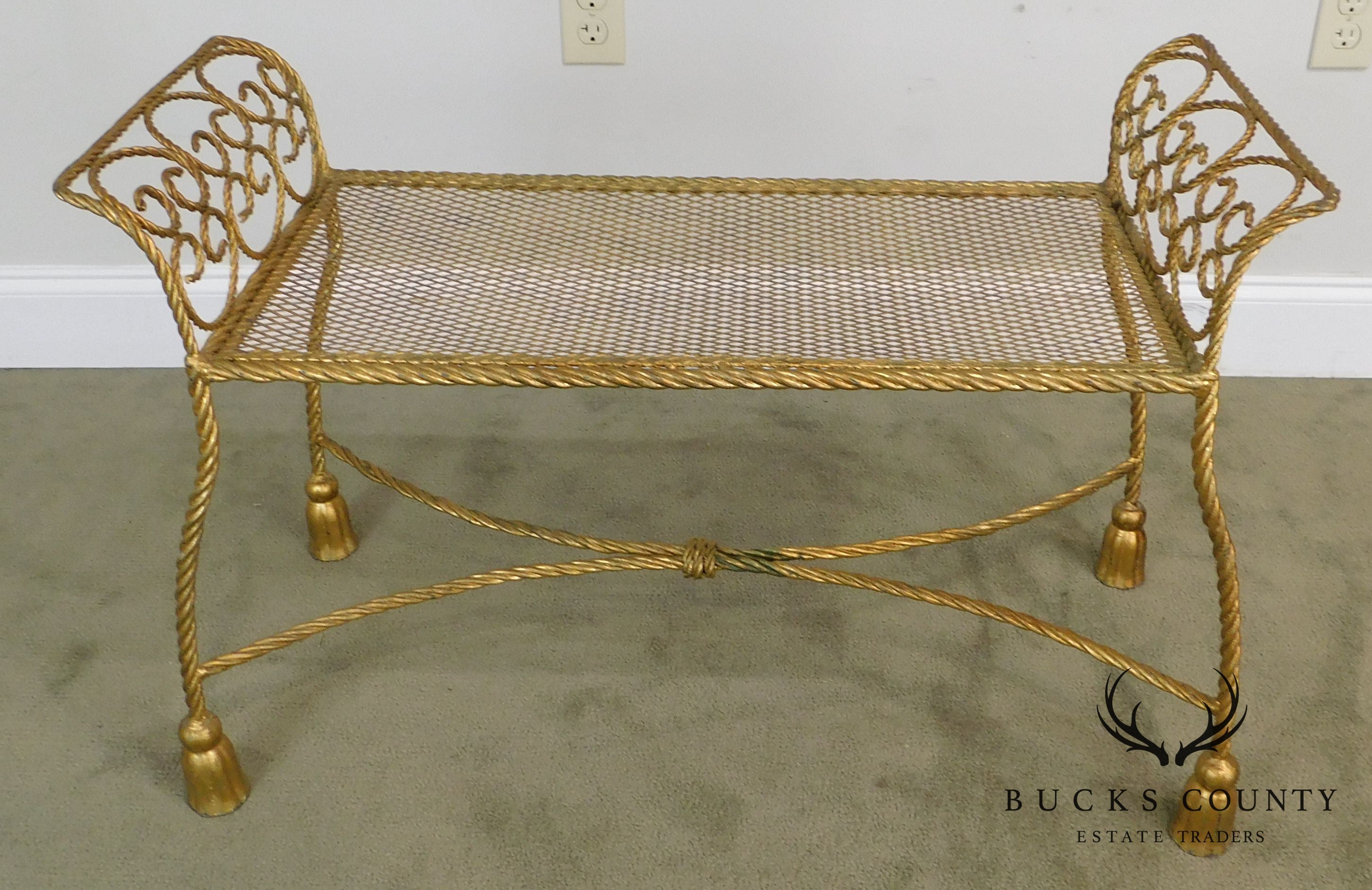 Hollywood Regency Vintage 1960's Italian Gilt Metal Pair Rope & Tassel Benches