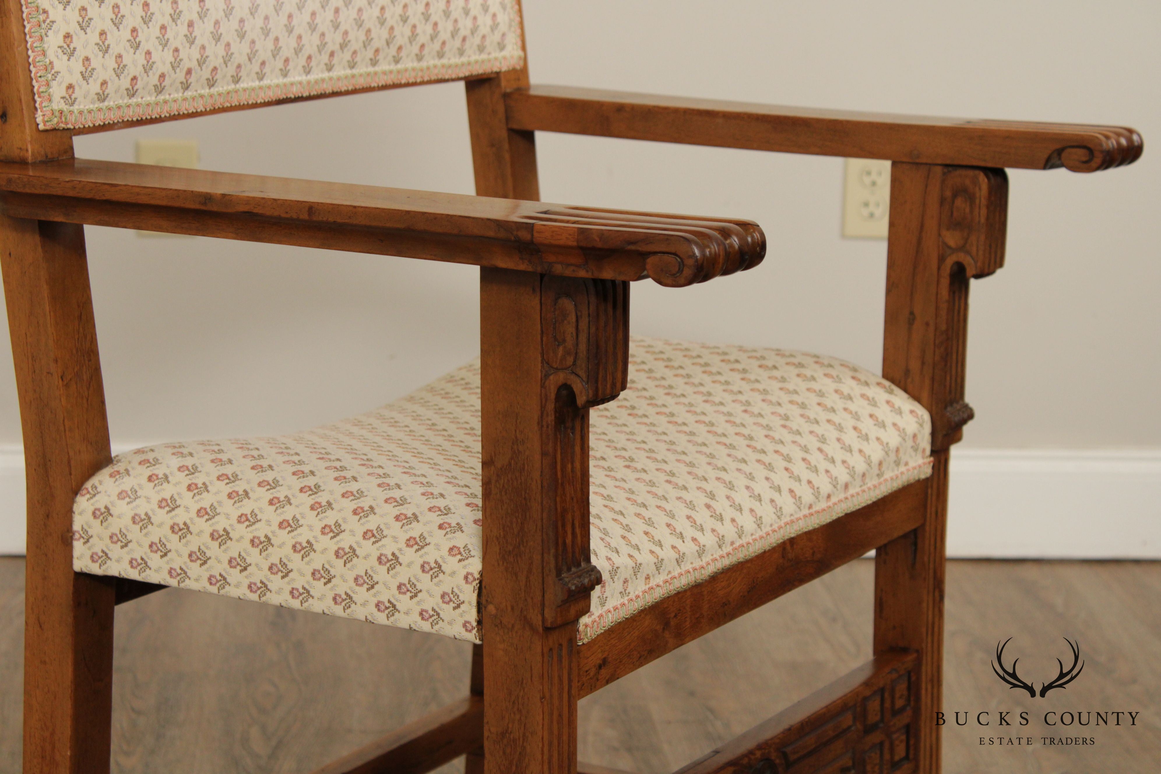 Antique Spanish Renaissance Style Pair Walnut Armchairs