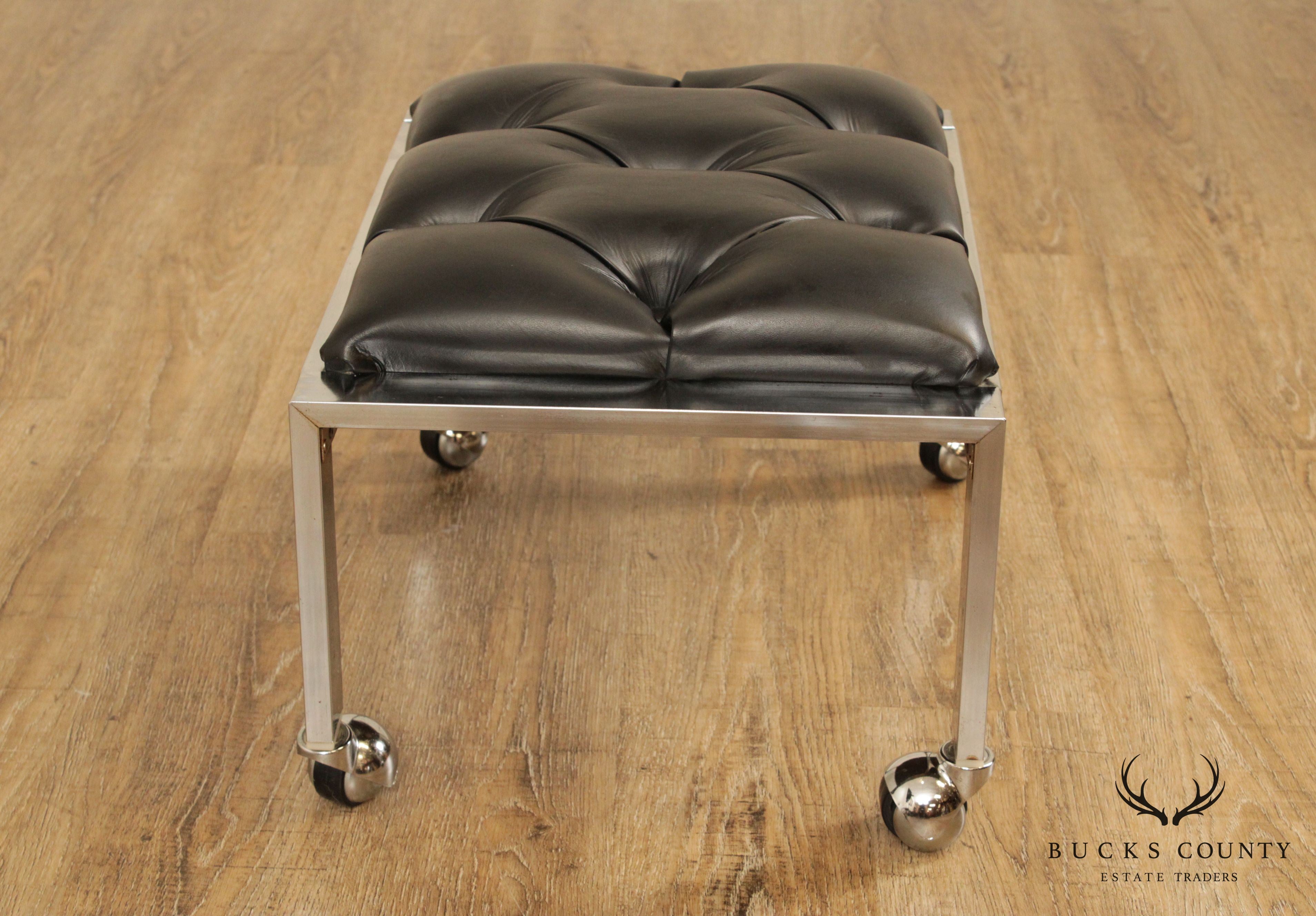 Vintage Modern Chrome & Black Vinyl Rolling Footstool