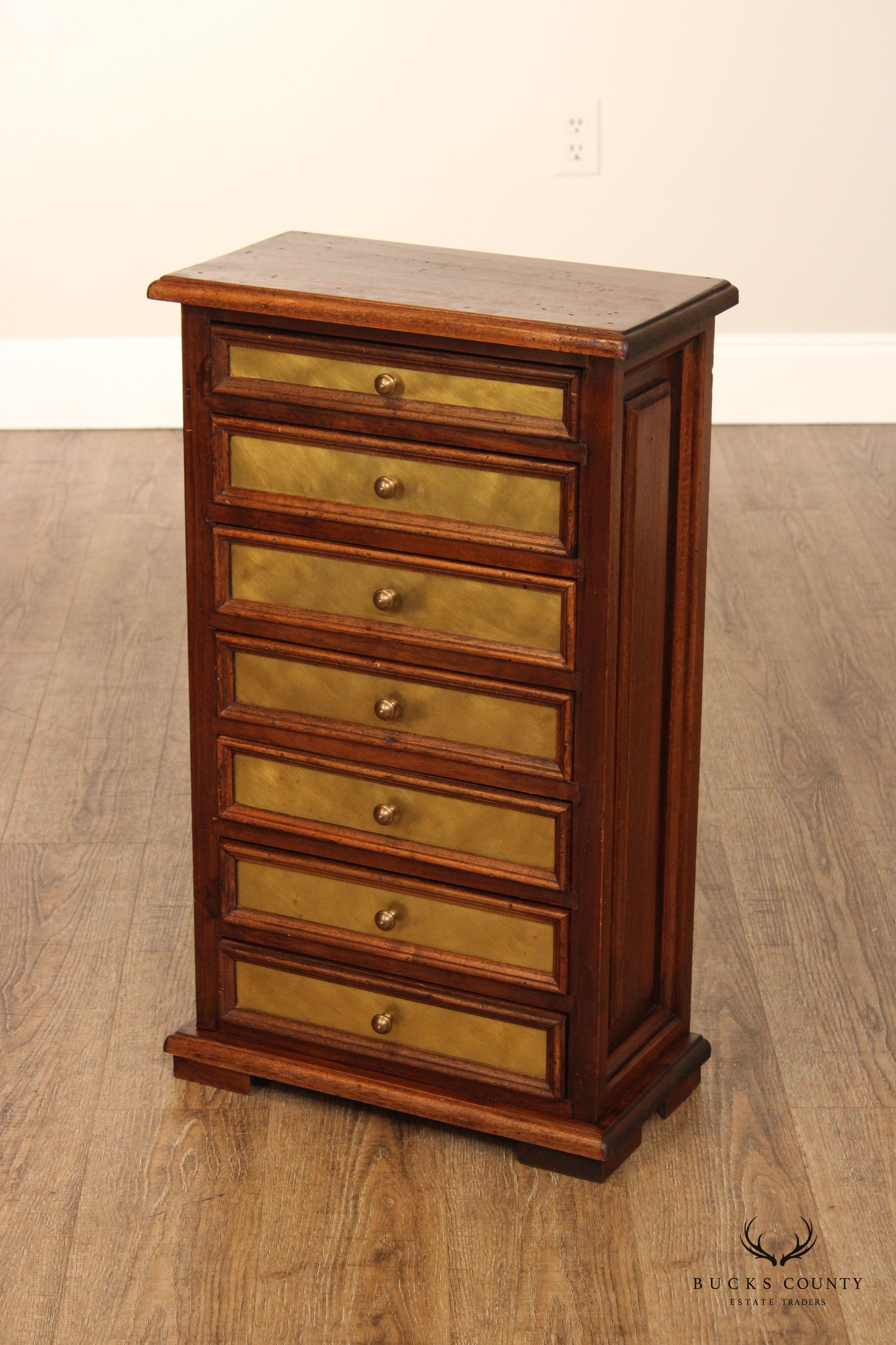 Vintage Italian Walnut And Brass Seven Drawer Accent Chest