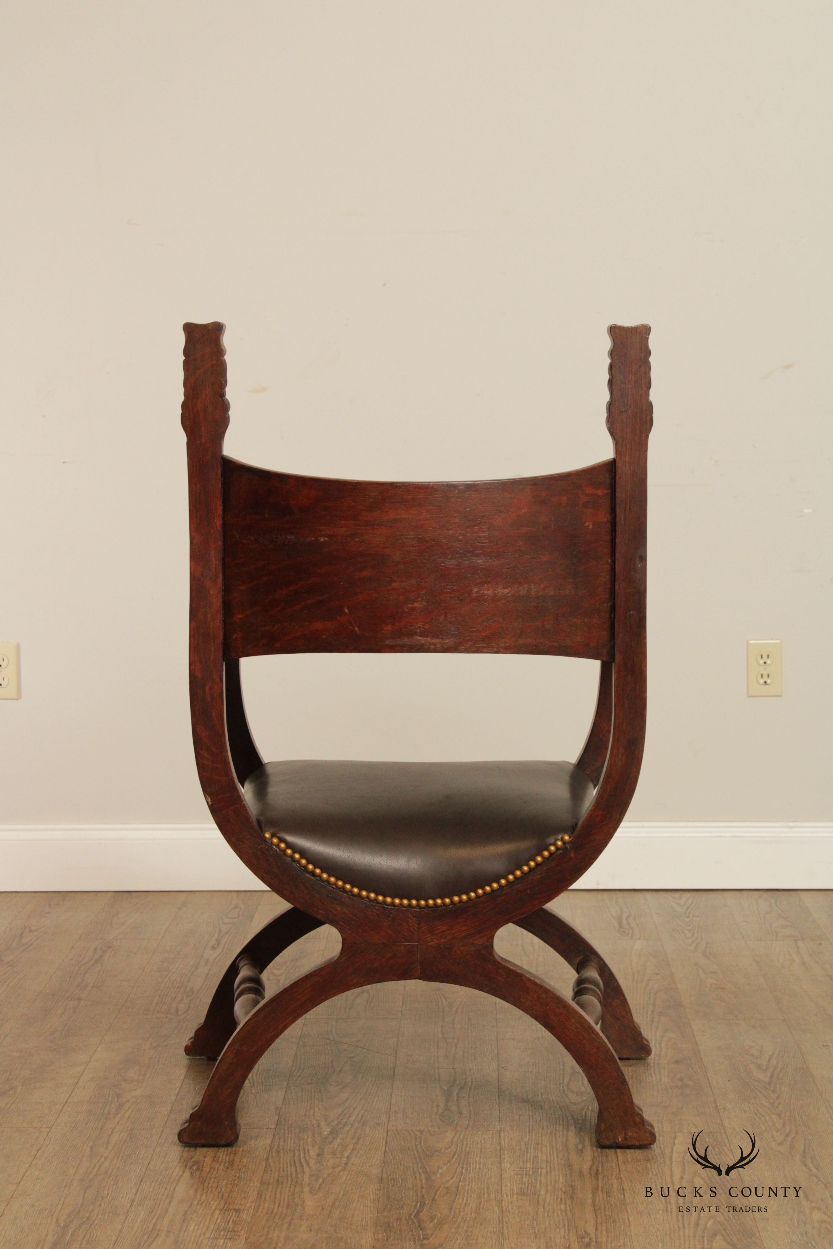 Antique Renaissance Revival Oak Carved  Savonarola Armchair