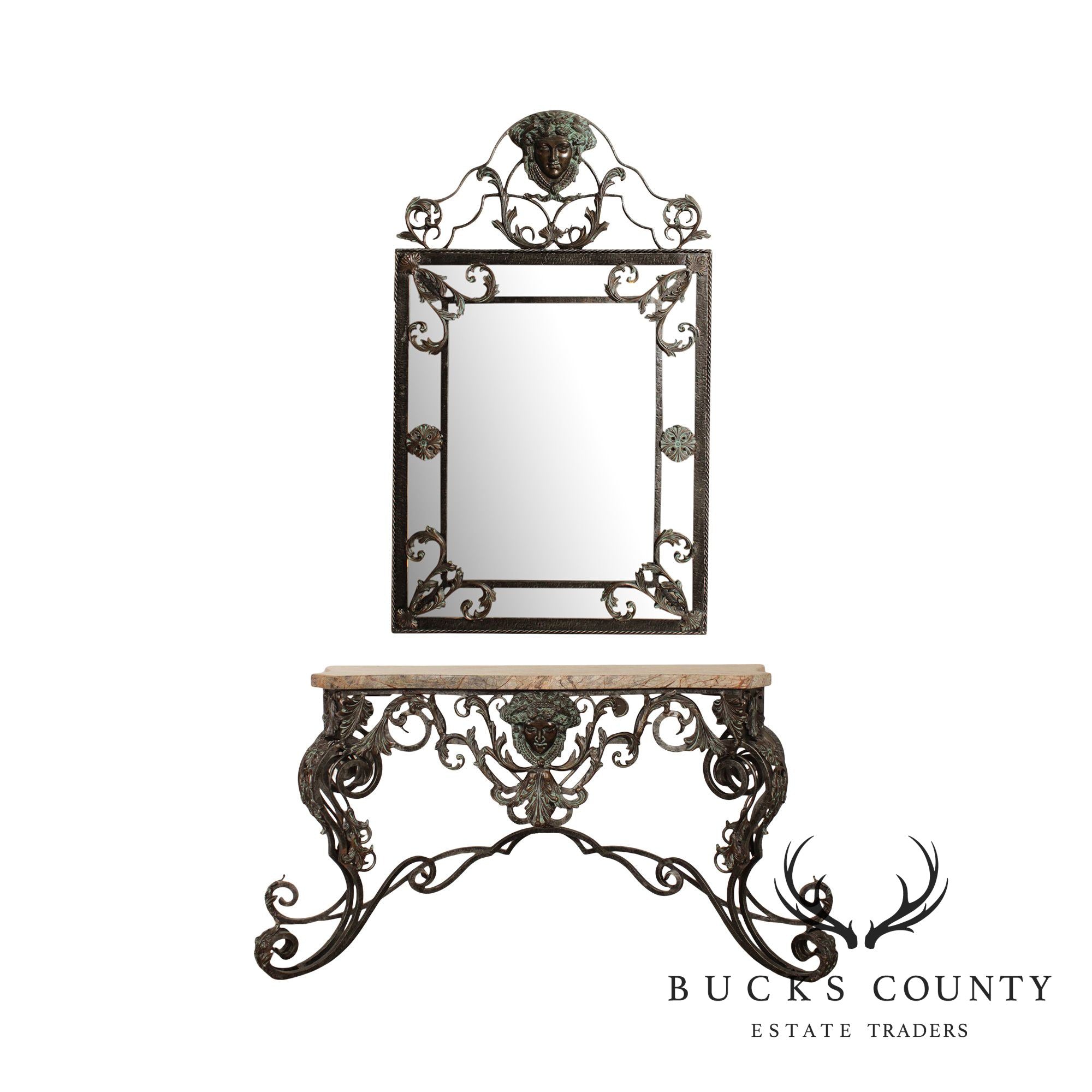 Maitland Smith Louis XIV Style Wrought Iron and Bronze Marble Top Console with Mirror