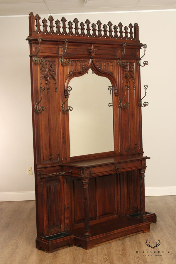 Antique 19th C. Gothic Revival Carved Walnut Hall Tree