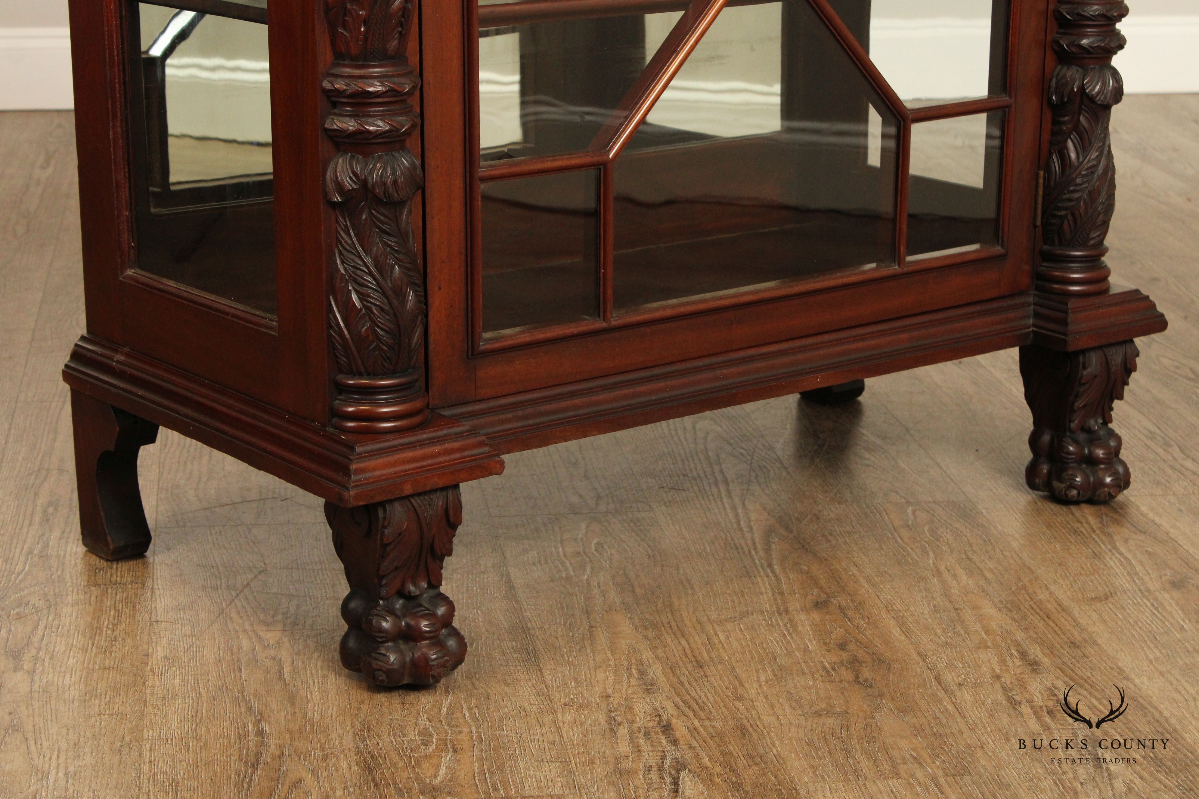 Antique Pair of American Empire Carved Acanthus and Paw Foot Mahogany China Cabinet Bookcases