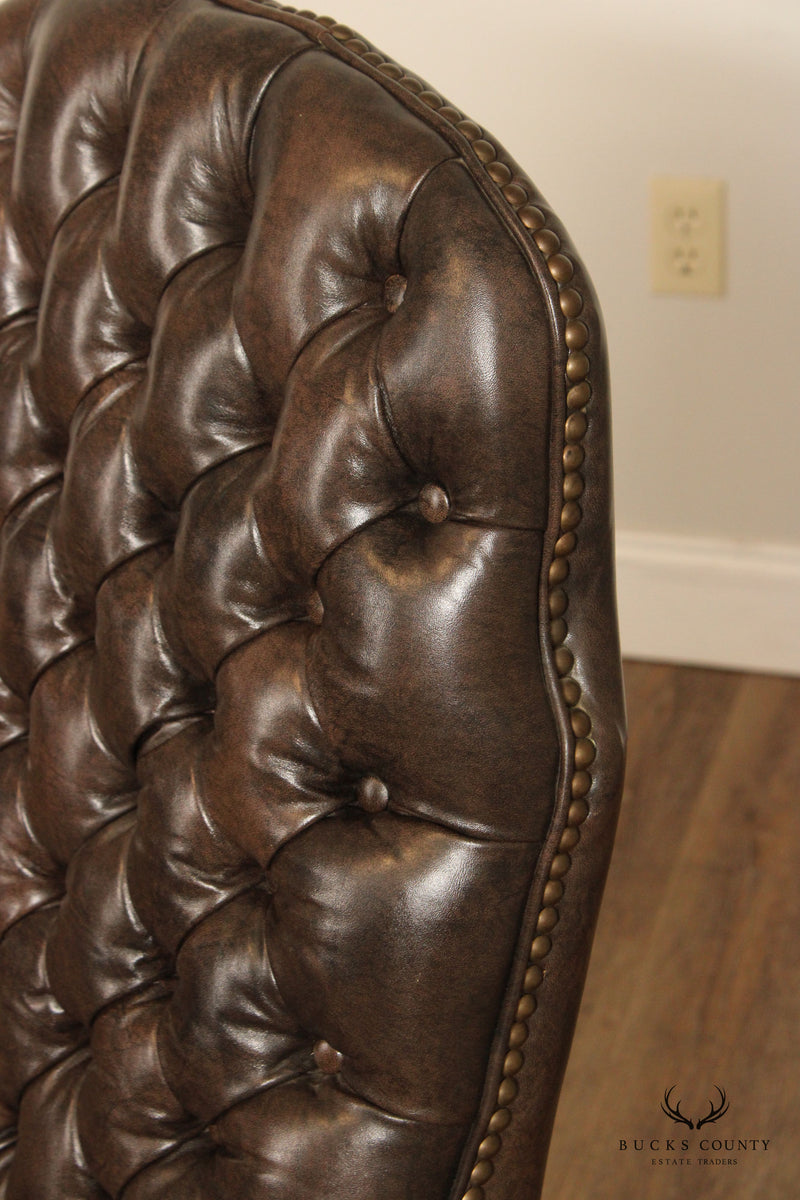 Ethan Allen Queen Anne Style Pair of Tufted Leather Gooseneck Armchairs