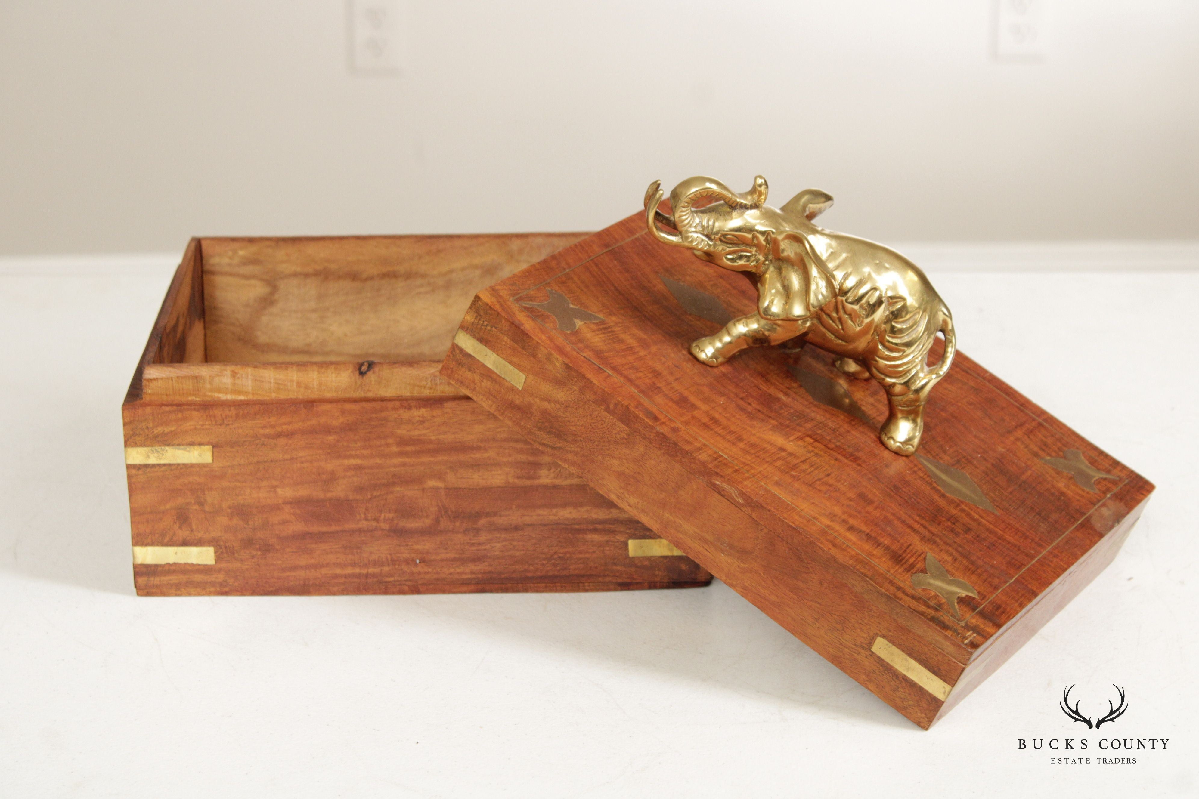 Campaign Style Teak and Brass Elephant Cigar or Jewelry Box