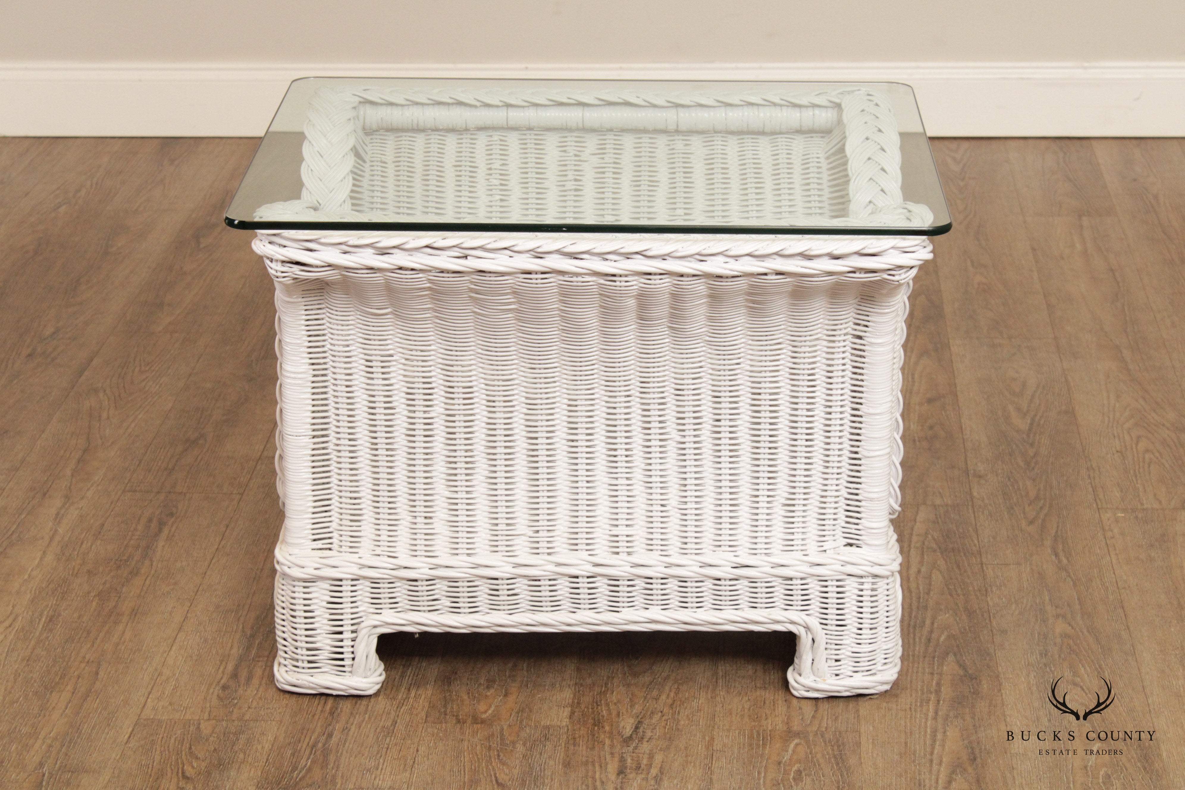 Henry Link Vintage White Wicker Glass Top Side Table