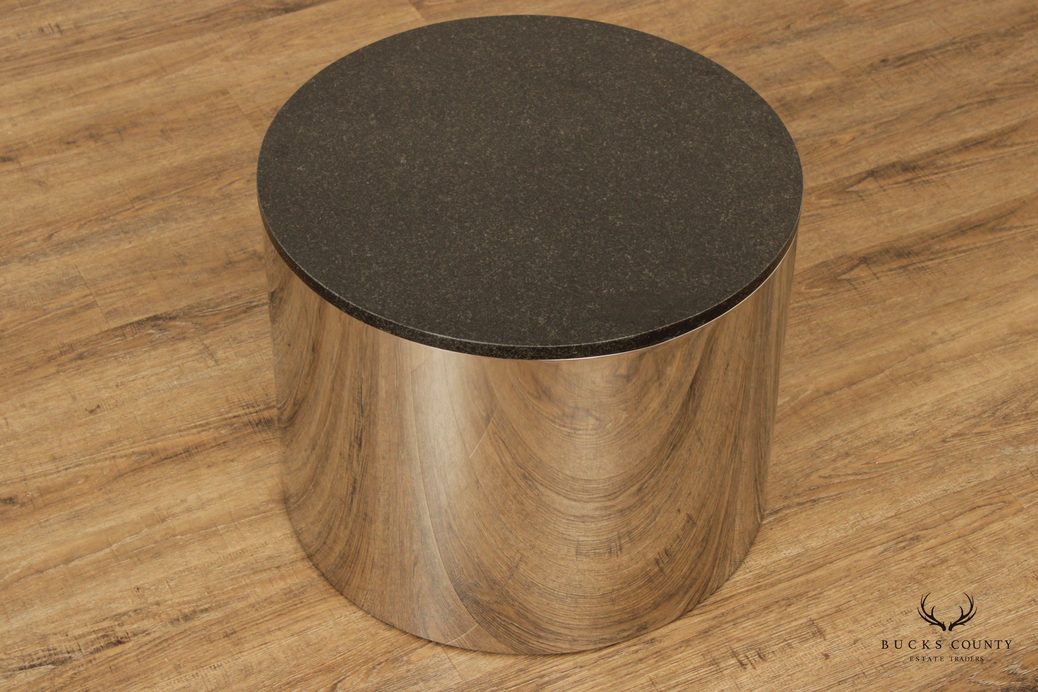 Modern 1970s Granite Top Metal Drum Side Table