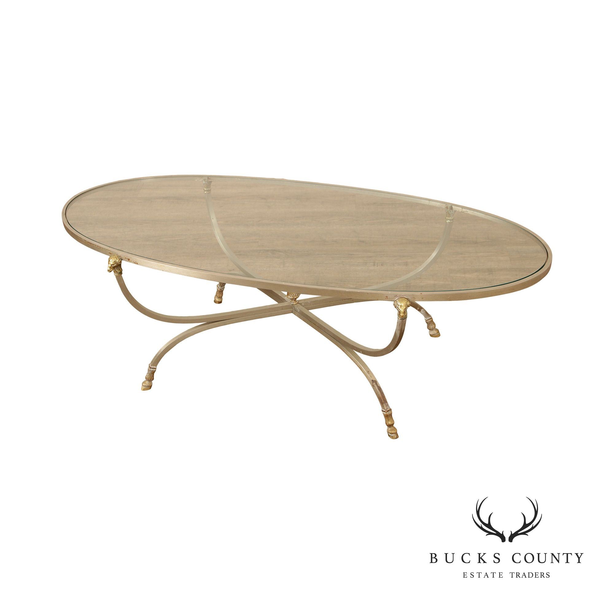 Directoire Neoclassical Style Vintage Brushed Steel, Brass, and Glass Top Coffee Table