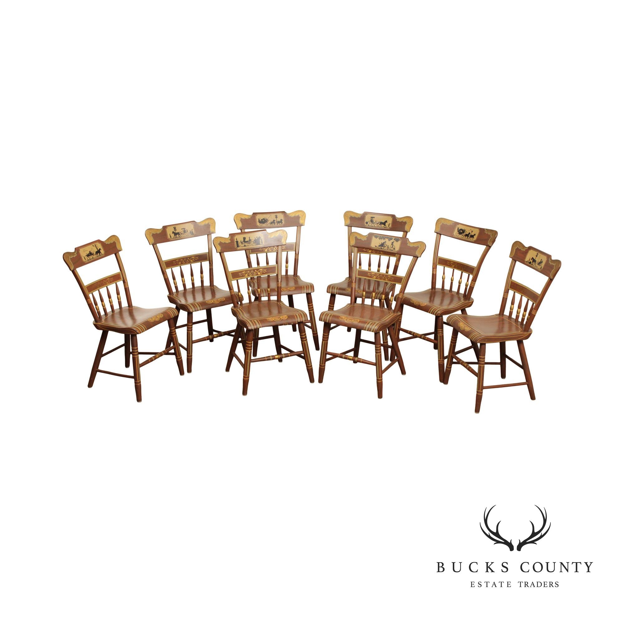 Set of Eight Grain Painted Plank Seat Dining Chairs