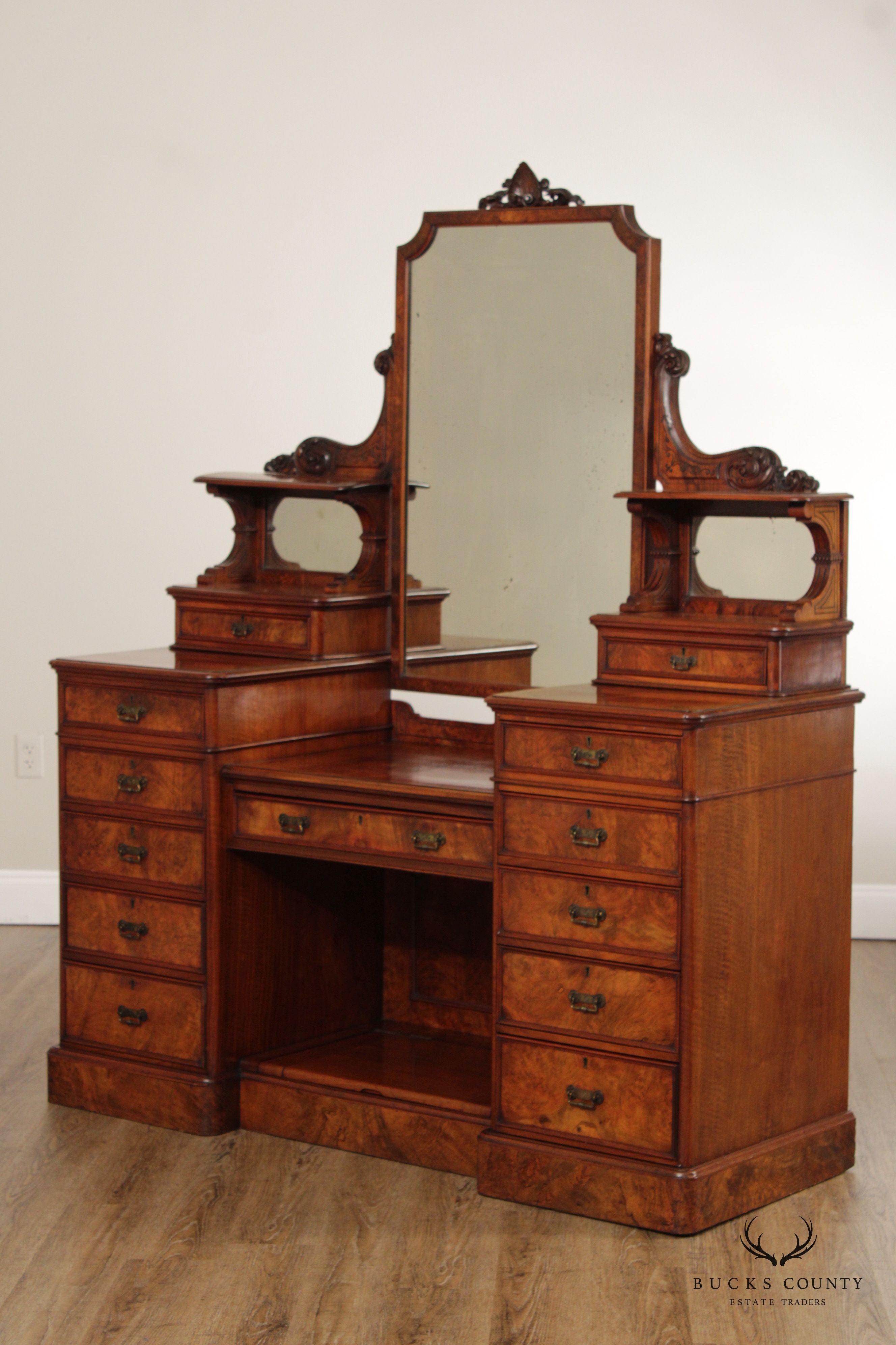 Antique English Victorian Walnut Burl Vanity Dresser with Mirror