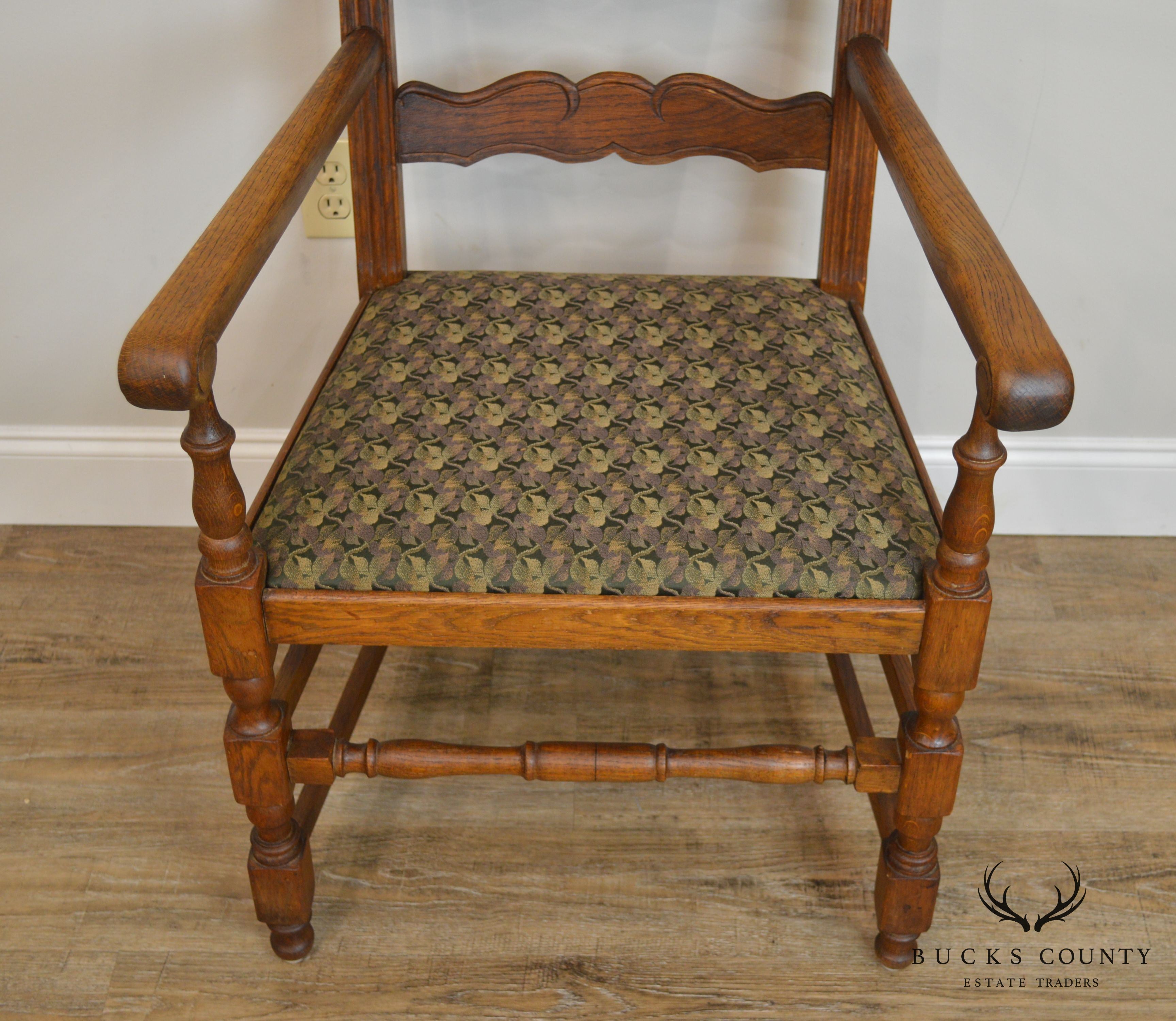 French Country Style Antique Pair Oak Ladder Back Armchairs